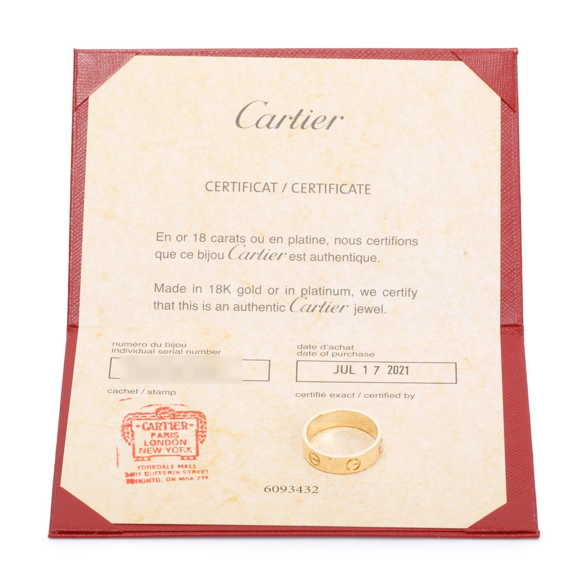 Cartier 18k Yellow Gold 5.5 MM Love Ring, Size 57 8.25 w/ Certificate