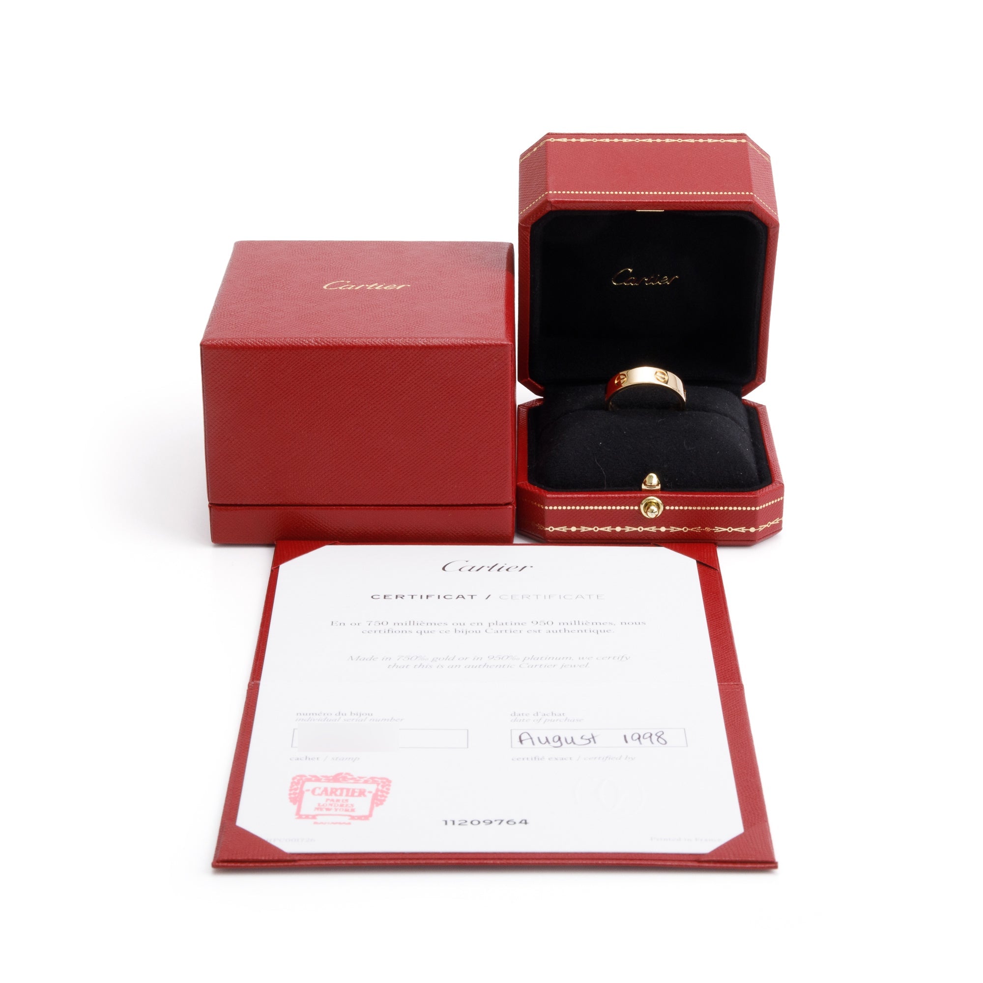 Cartier 18k Yellow Gold 5.5 MM Love Ring, Size 64 10.75 w/ Box & Certificate