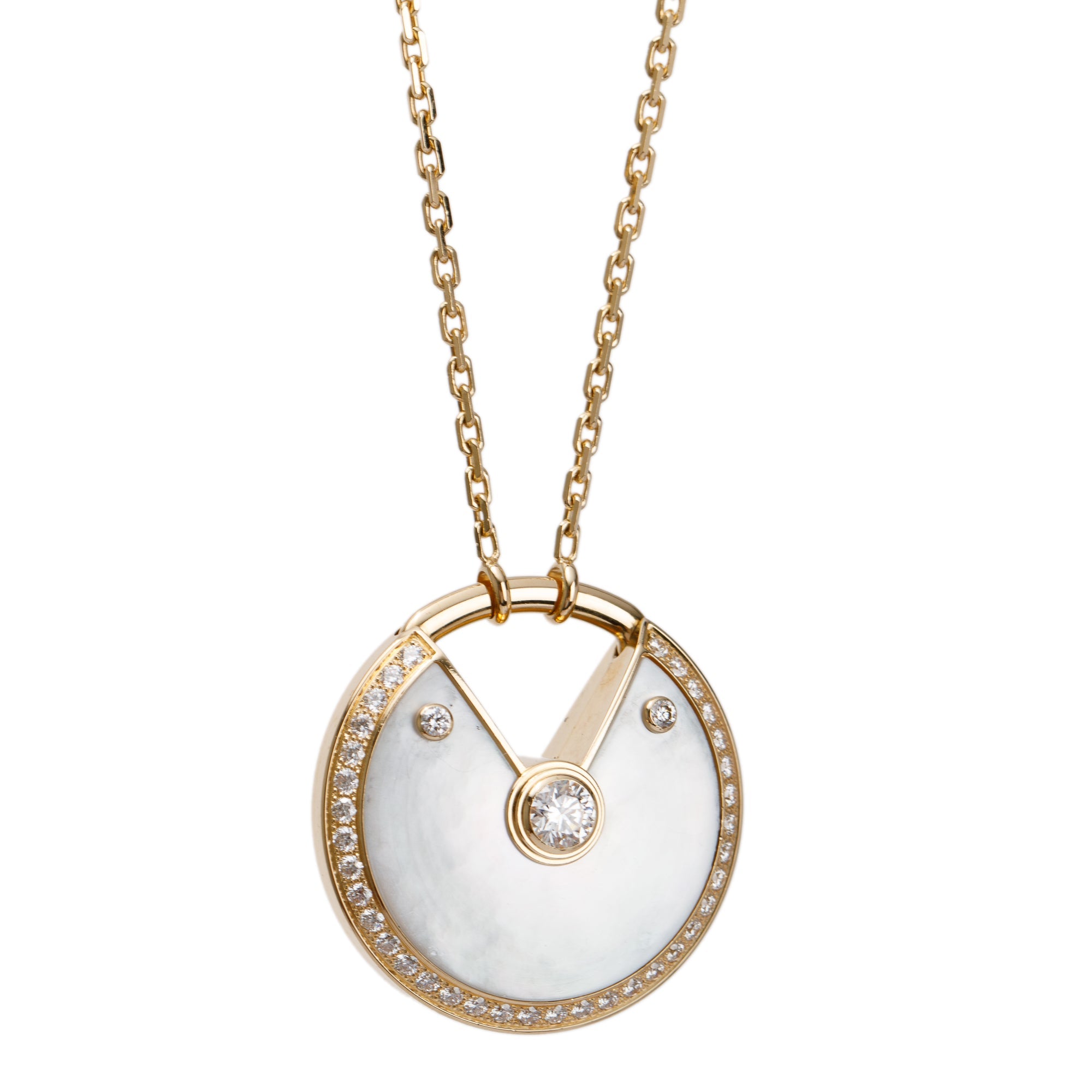 Cartier 18k Yellow Gold Diamond Amulette de Cartier Mother of Pearl Large Pendant Necklace w/ Box
