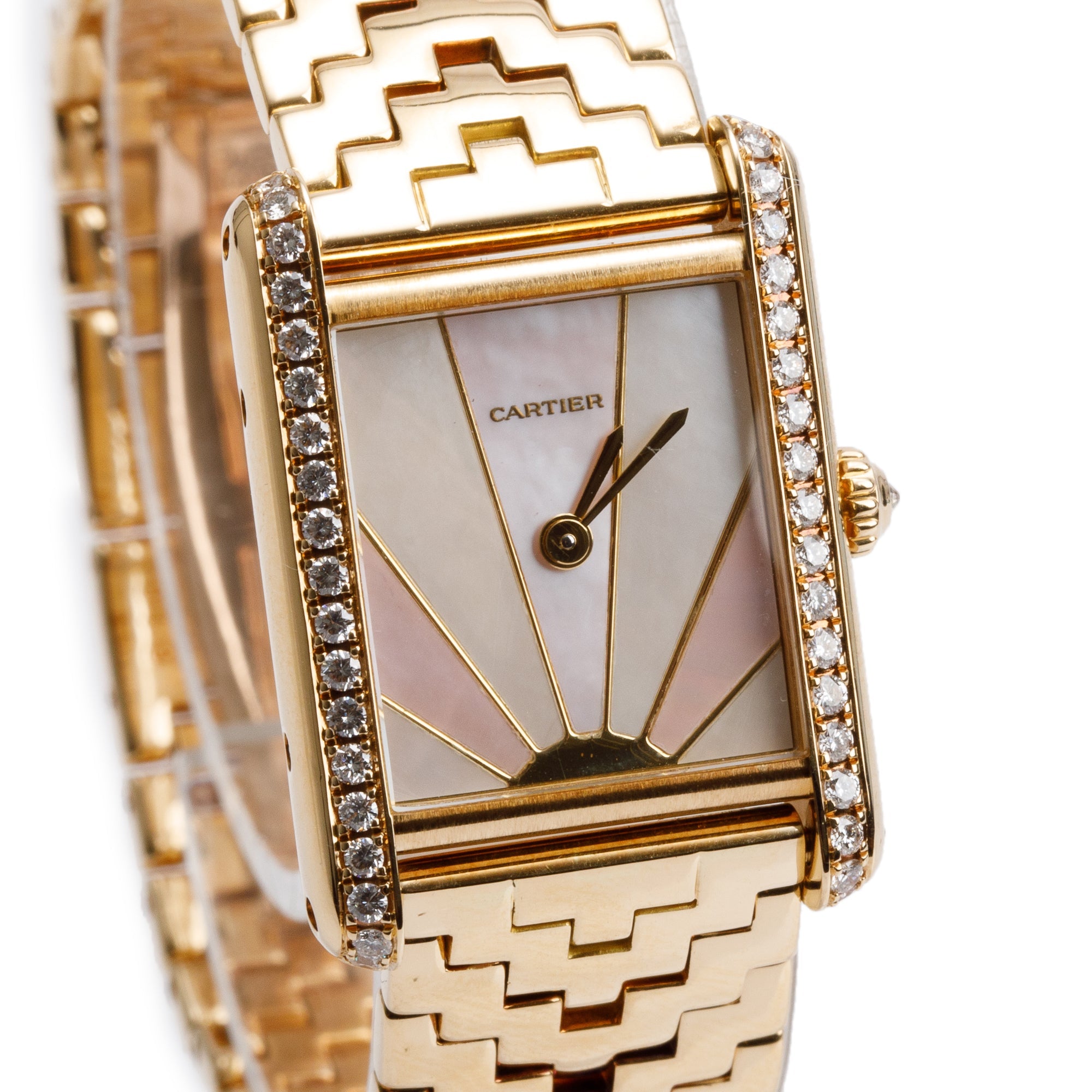 Cartier 18k Yellow Gold Diamond Bezel Mother of Pearl Sunrise Dial Tank Louis Quartz Watch