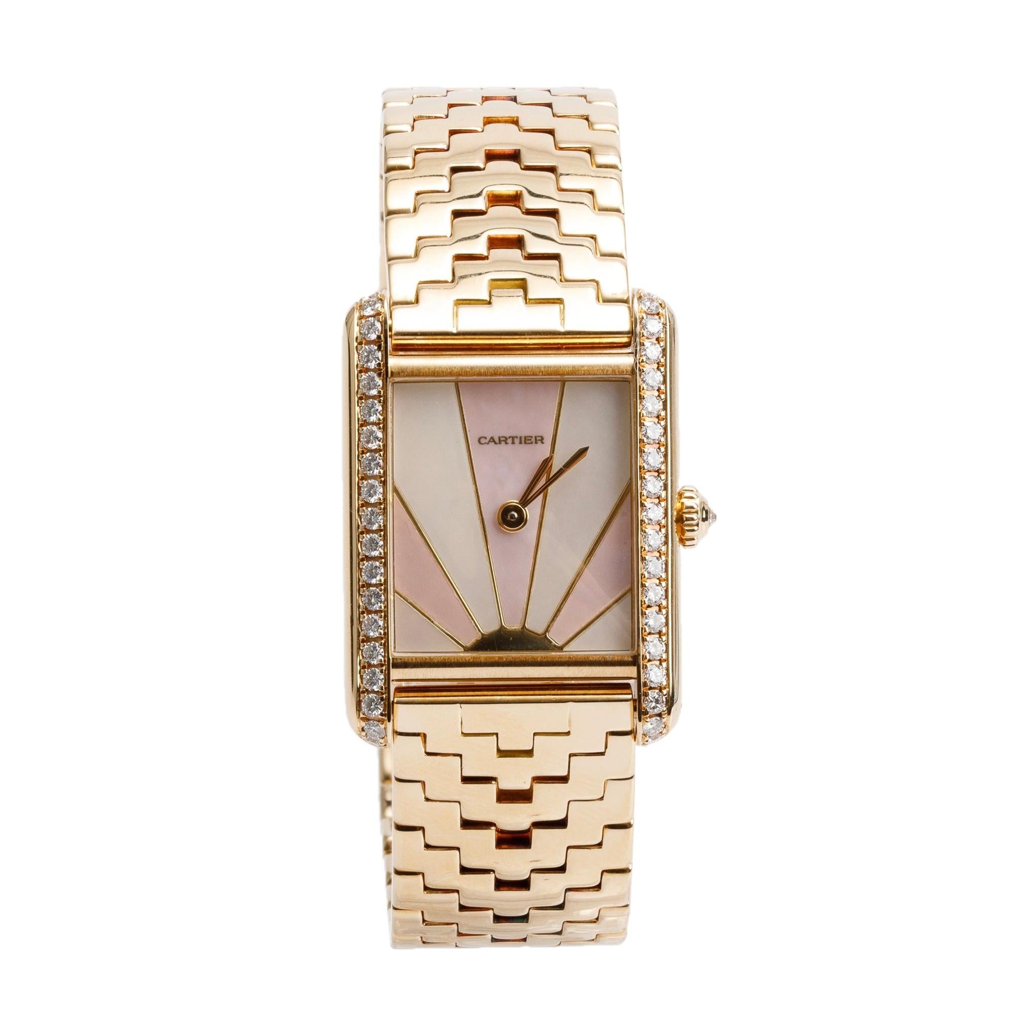 Cartier 18k Yellow Gold Diamond Bezel Mother of Pearl Sunrise Dial Tank Louis Quartz Watch