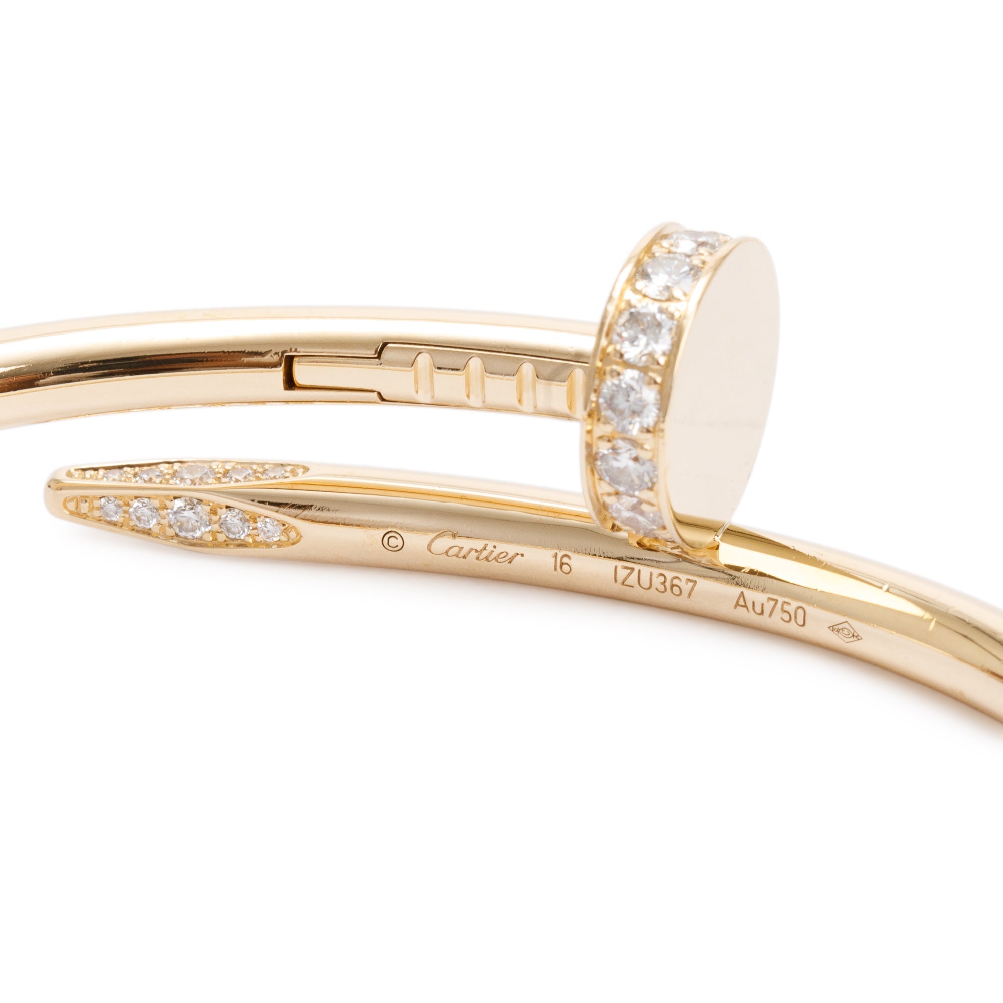 Cartier 18k Yellow Gold Juste Un Clou Diamond Bracelet, Size 16 w/ Box, Certificate & Receipt