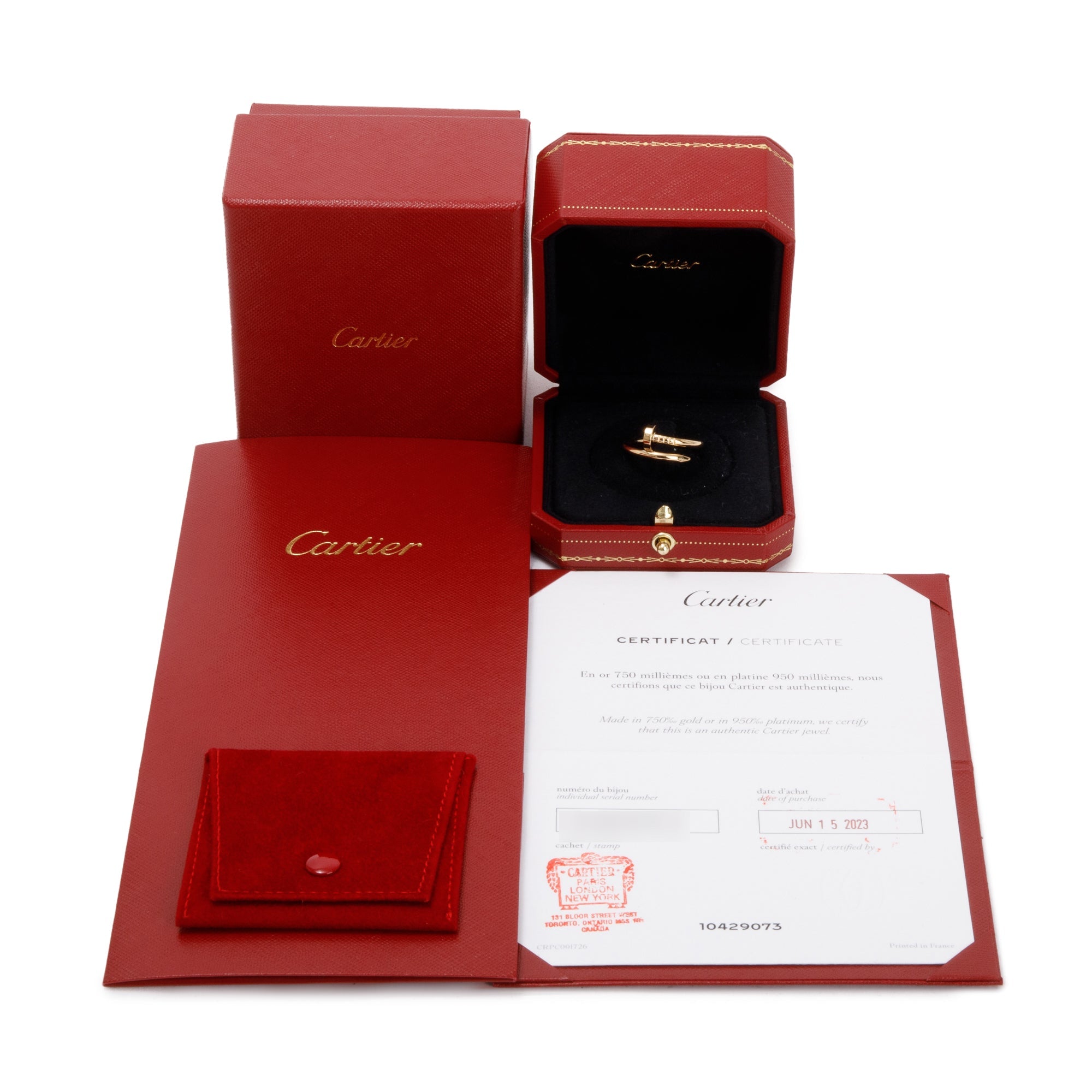 Cartier 18k Yellow Gold Juste Un Clou Ring, Size 56 7.5 w/ Box, Certificate & Receipt