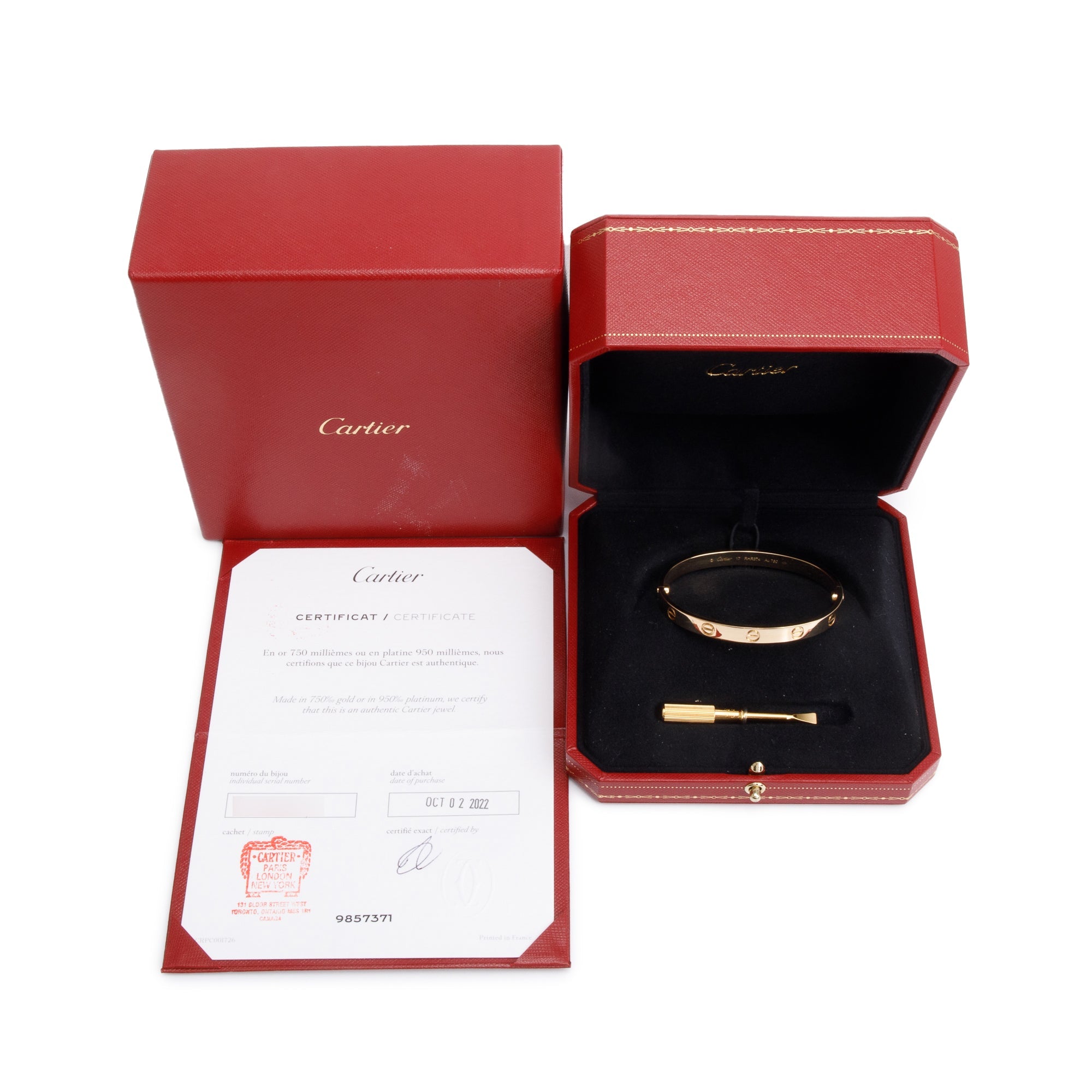 Cartier 18k Yellow Gold Love Bracelet, Size 17 w/ Box, Receipt & Certificate