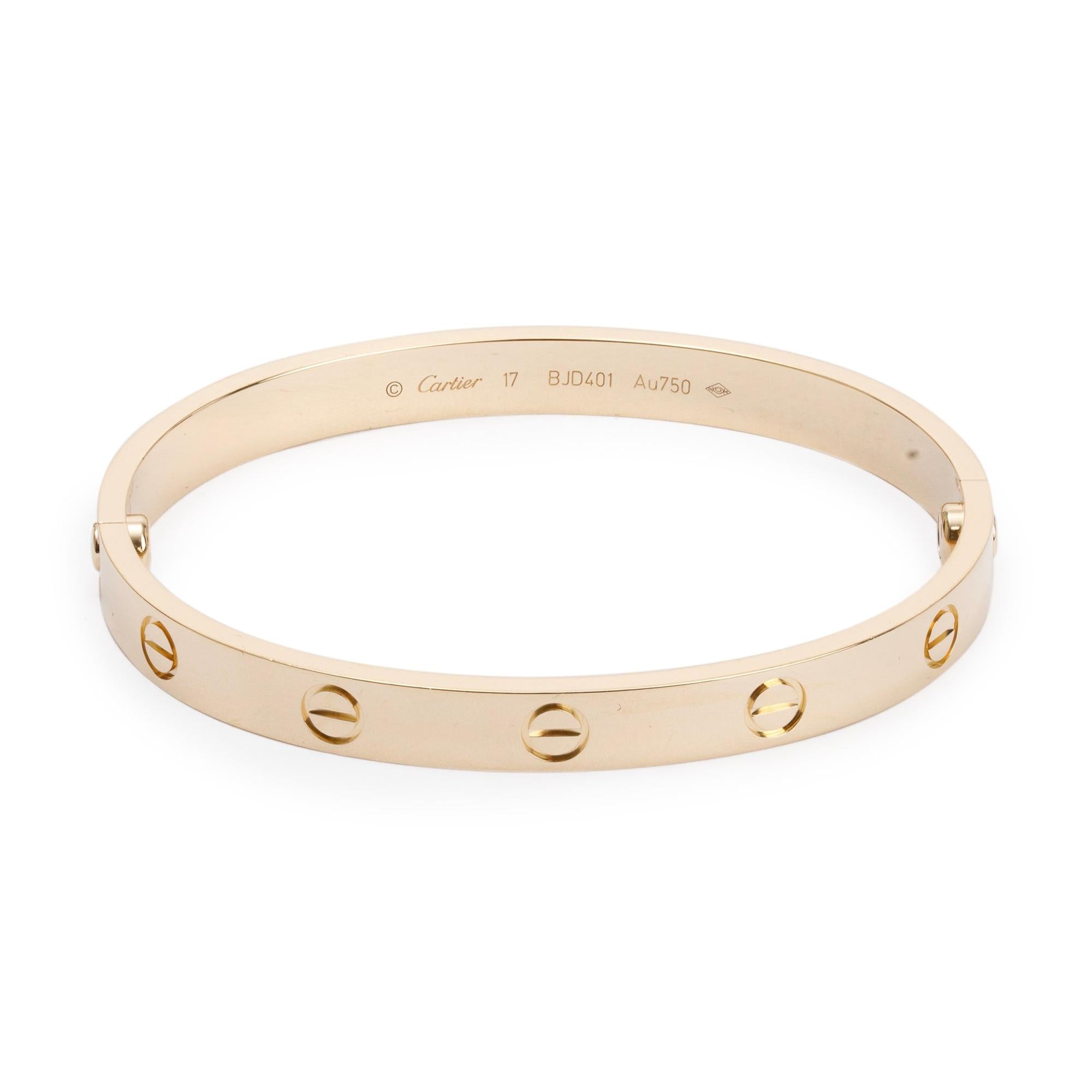 Cartier 18k Yellow Gold Love Bracelet, Size 17 w/ Box & Receipt