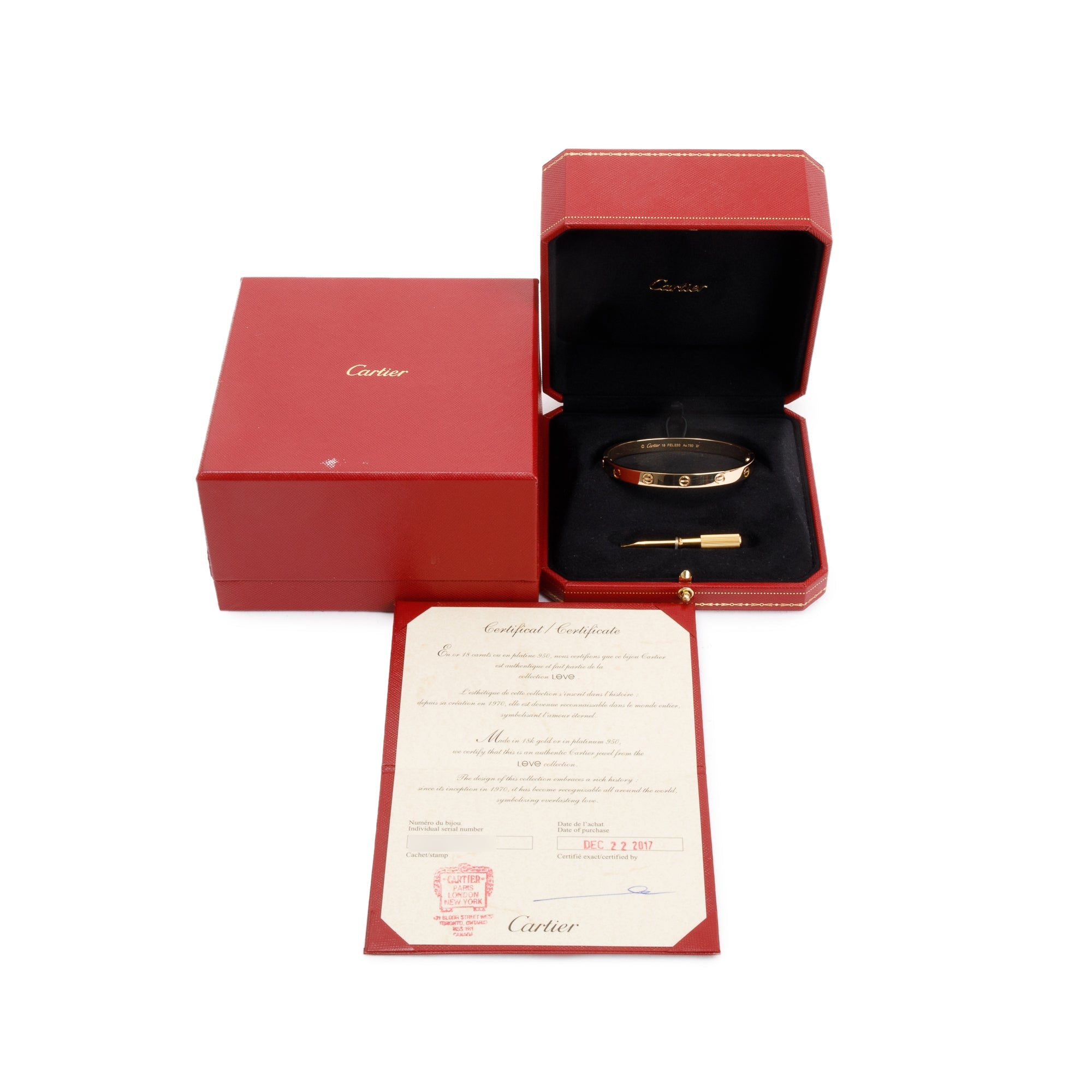 Cartier 18k Yellow Gold Love Bracelet, Size 18 w/ Box & Certificate