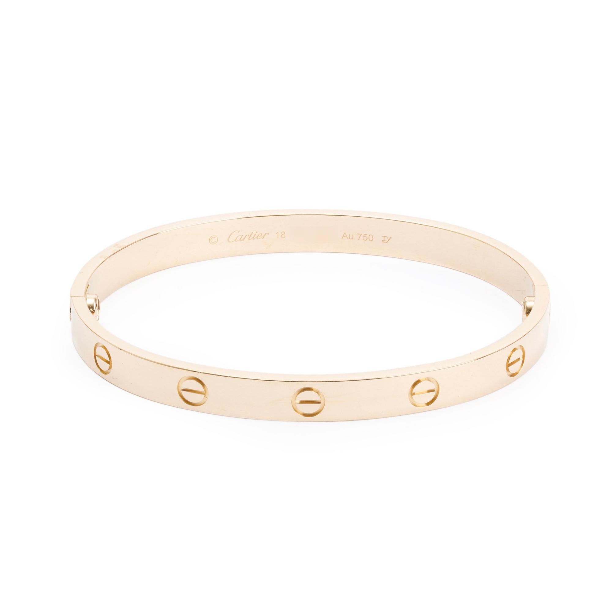 Cartier 18k Yellow Gold Love Bracelet, Size 18 w/ Box & Certificate