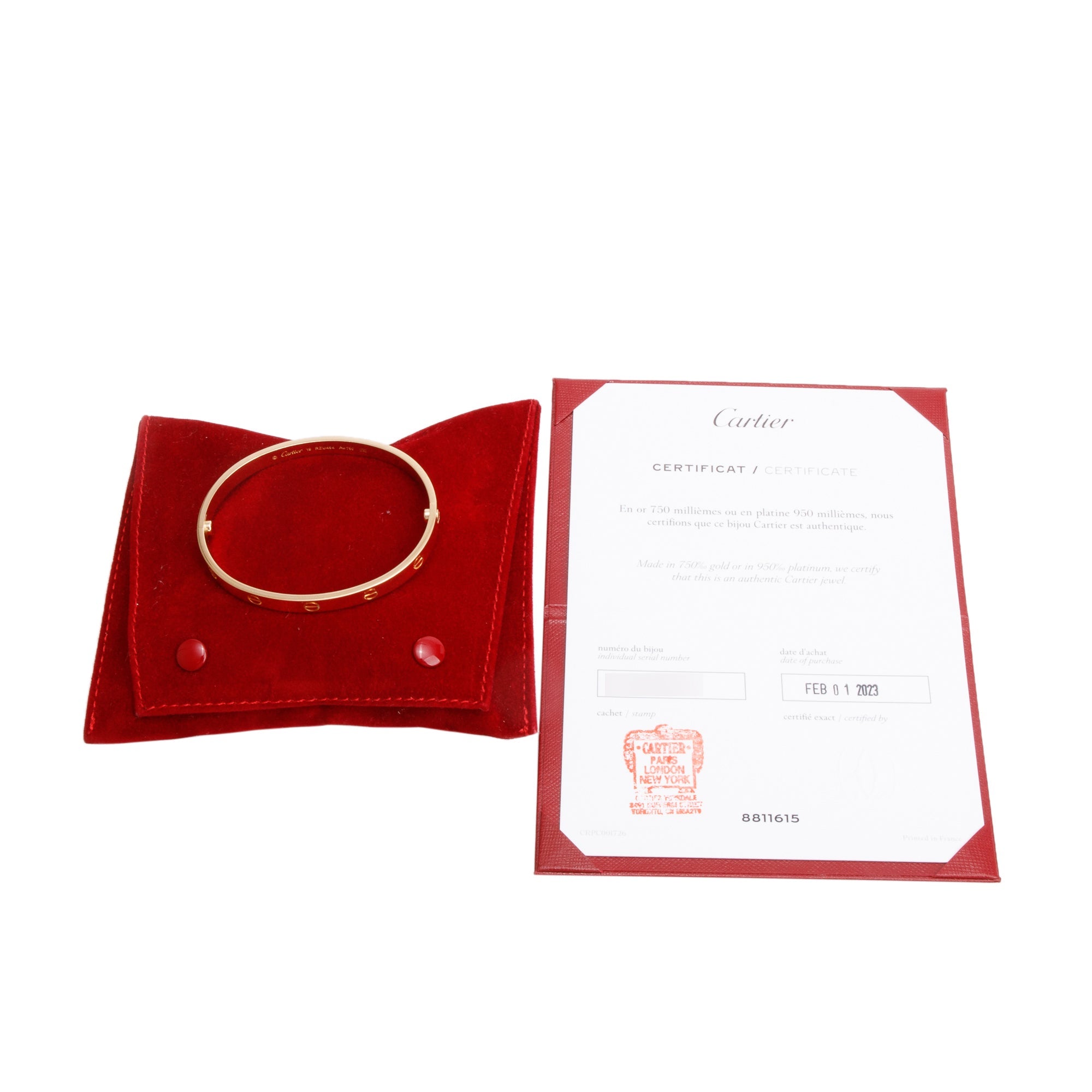 Cartier 18k Yellow Gold Love Bracelet, Size 19 w/ Certificate