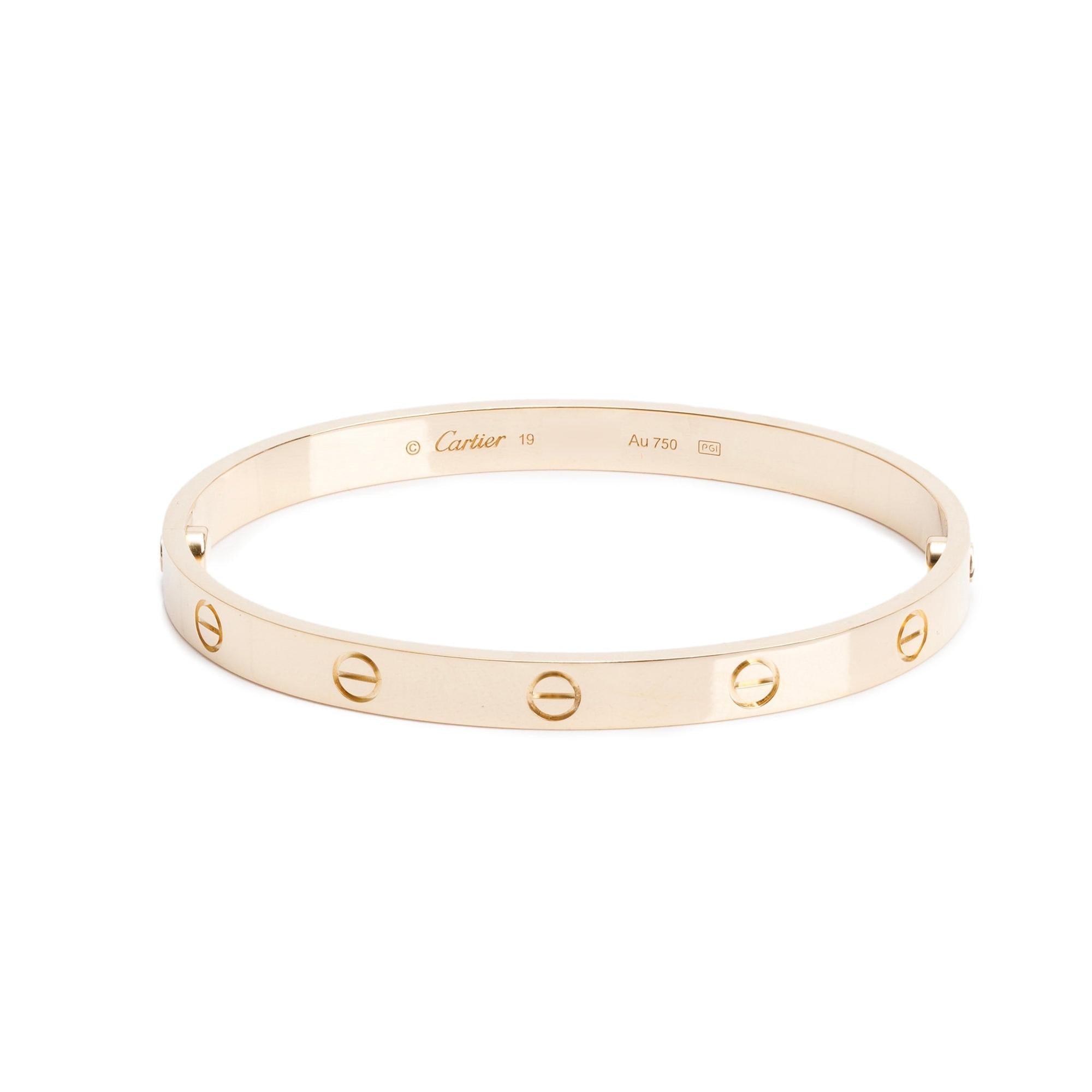Cartier 18k Yellow Gold Love Bracelet, Size 19 w/ Certificate