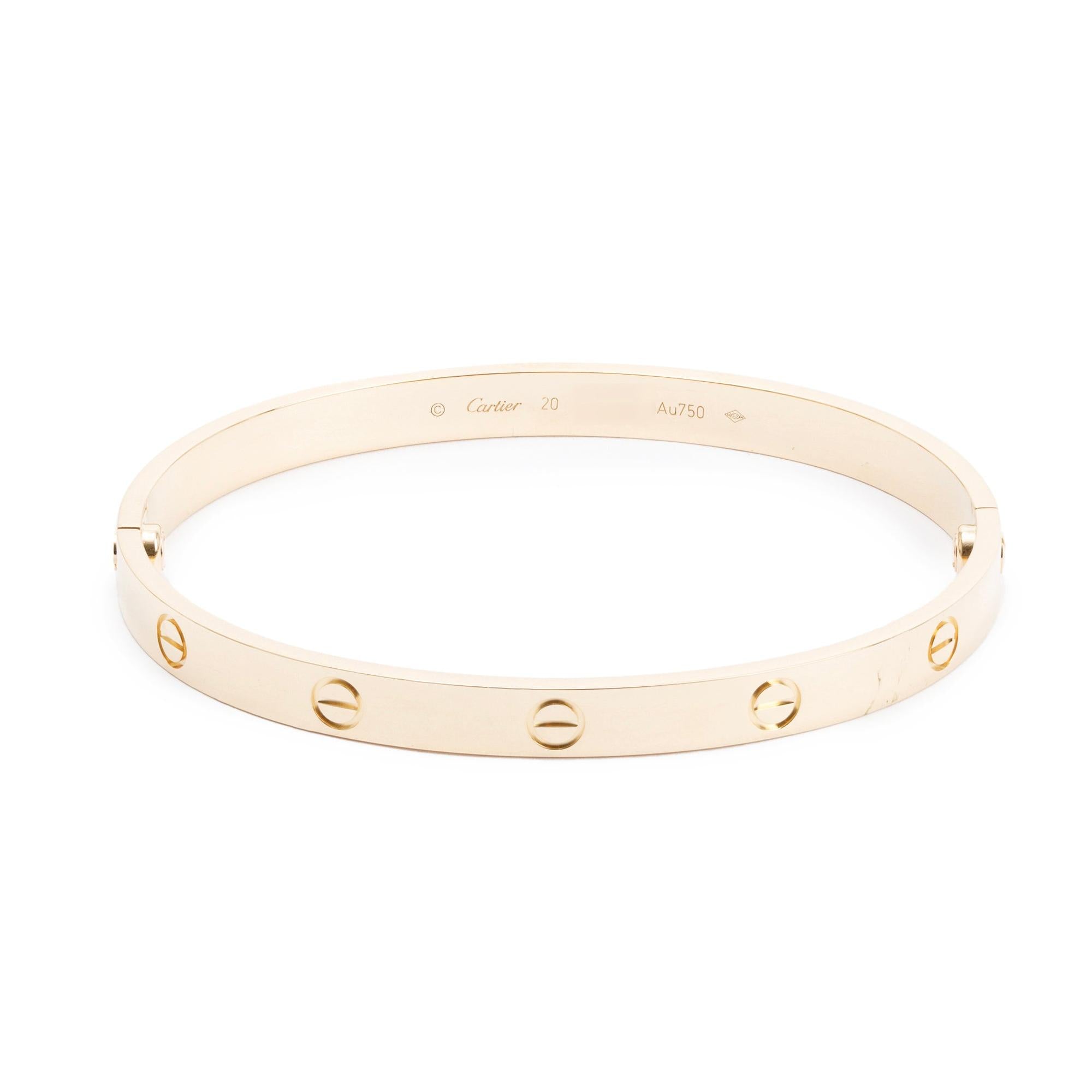 Cartier 18k Yellow Gold Love Bracelet, Size 20 w/ Box & Receipt