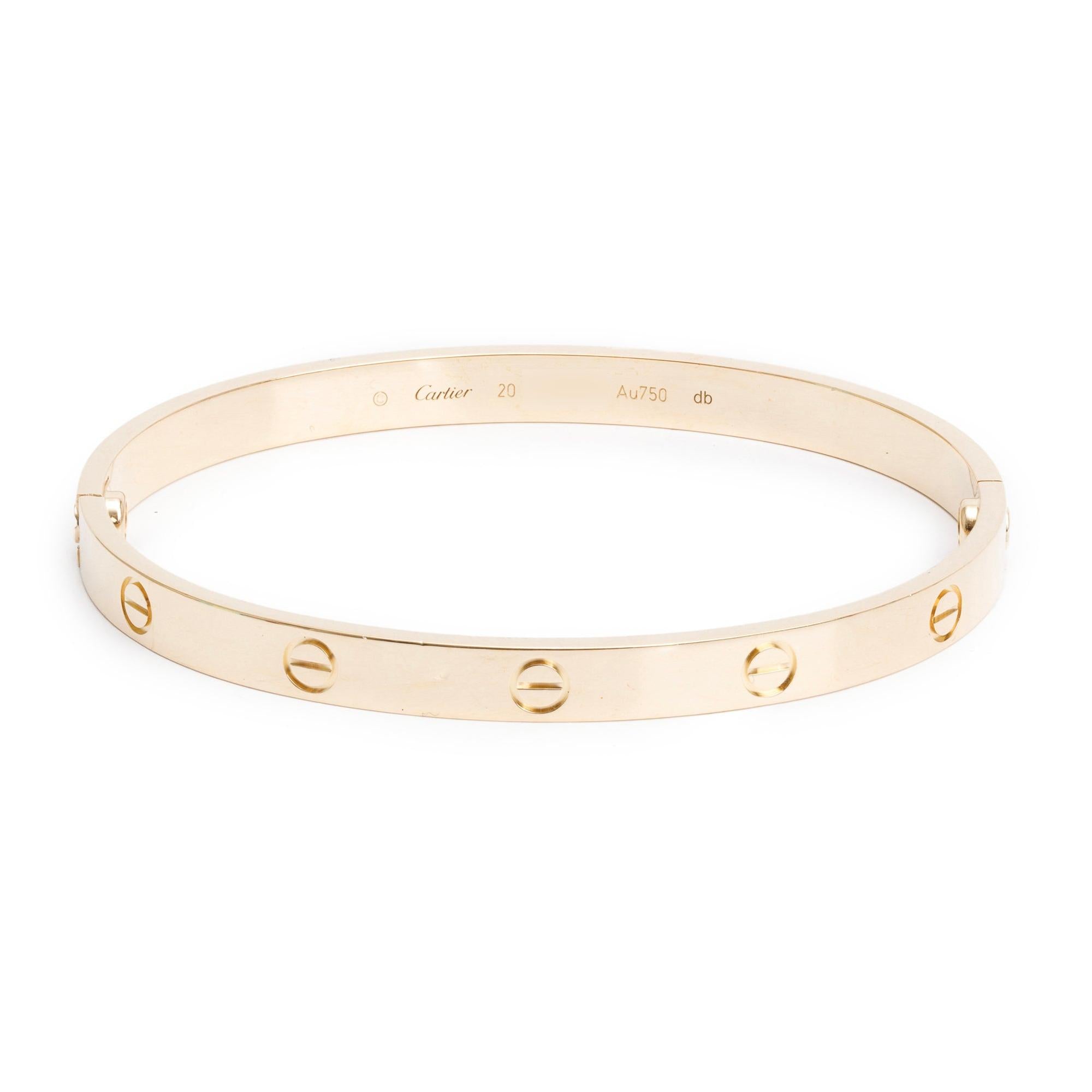 Cartier 18k Yellow Gold Love Bracelet, Size 20 w/ Box