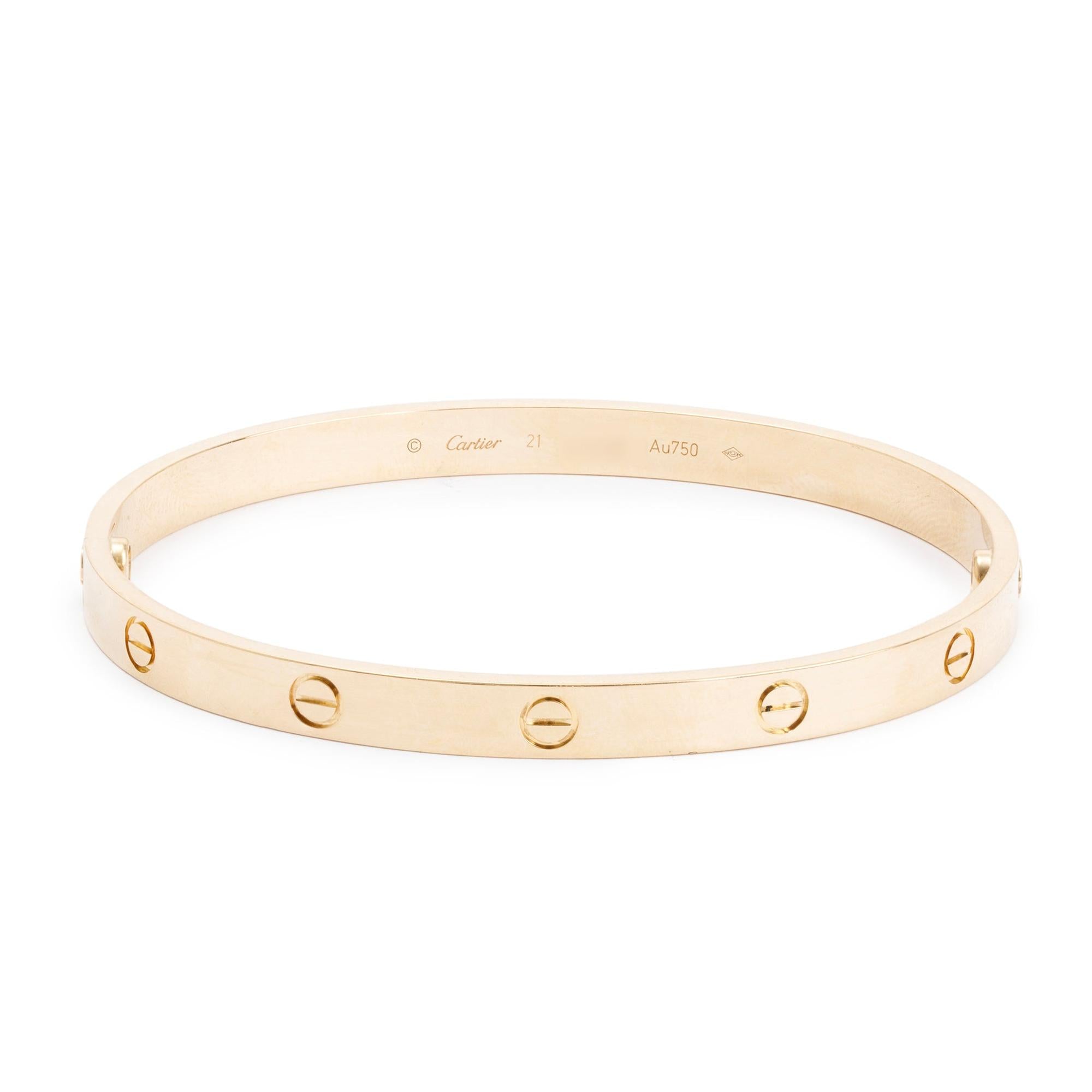 Cartier 18k Yellow Gold Love Bracelet, Size 21 w/ Box & Receipt