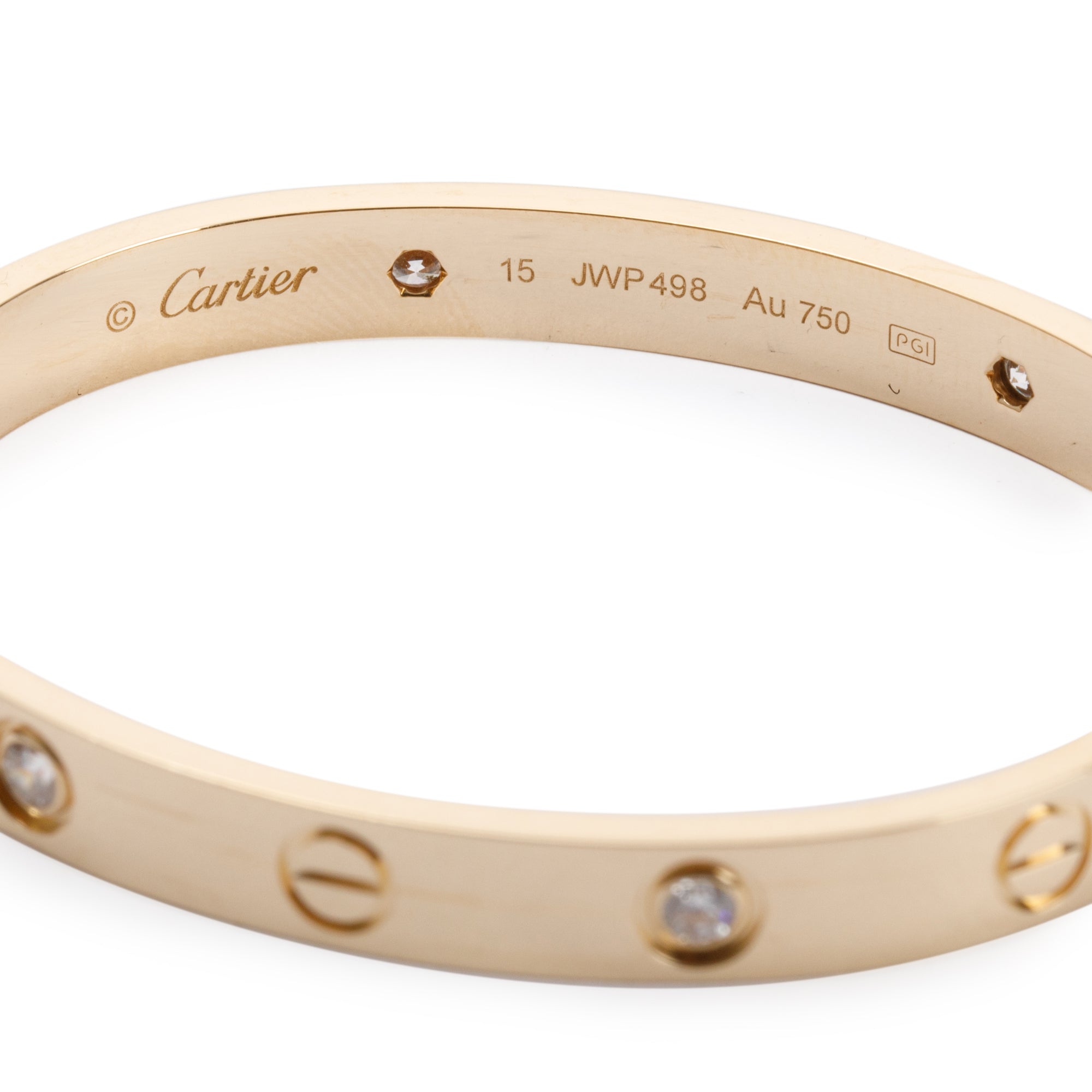 Cartier 18k Yellow Gold Love Bracelet with 4 Diamonds, Size 15 w/ Box, Receipt & Certificate