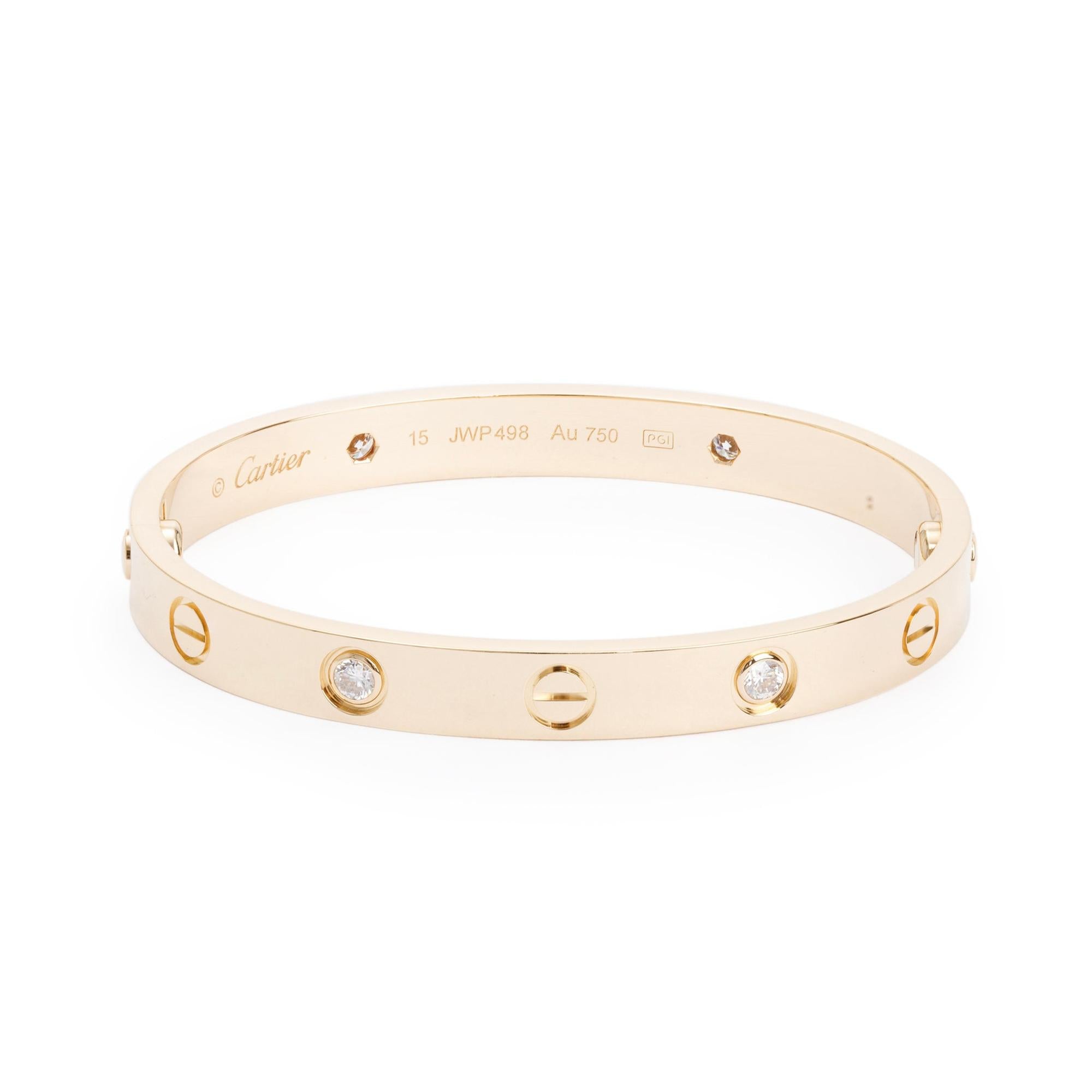 Cartier 18k Yellow Gold Love Bracelet with 4 Diamonds, Size 15