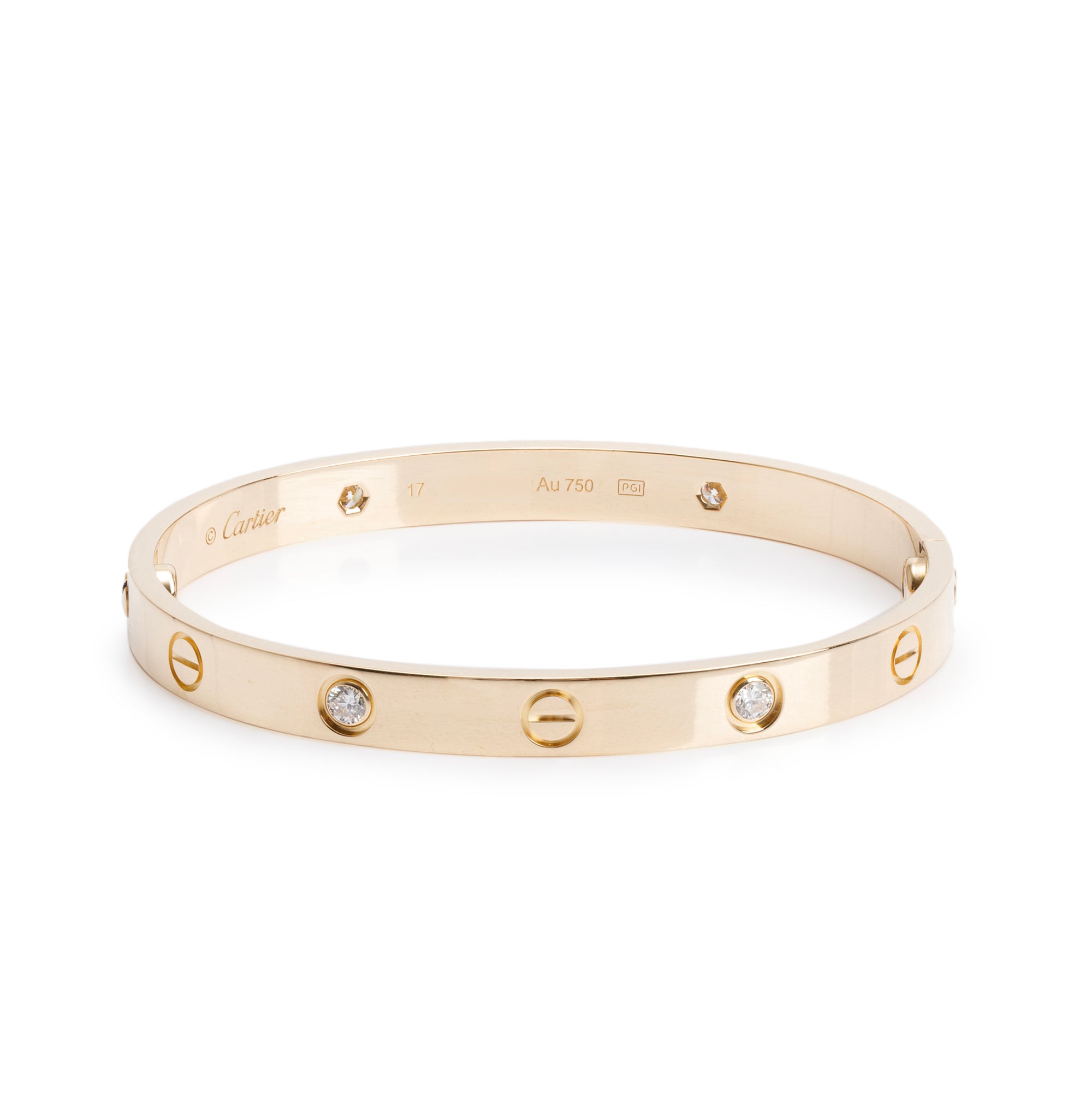 Cartier 18k Yellow Gold Love Bracelet with 4 Diamonds, Size 17 w/ Box