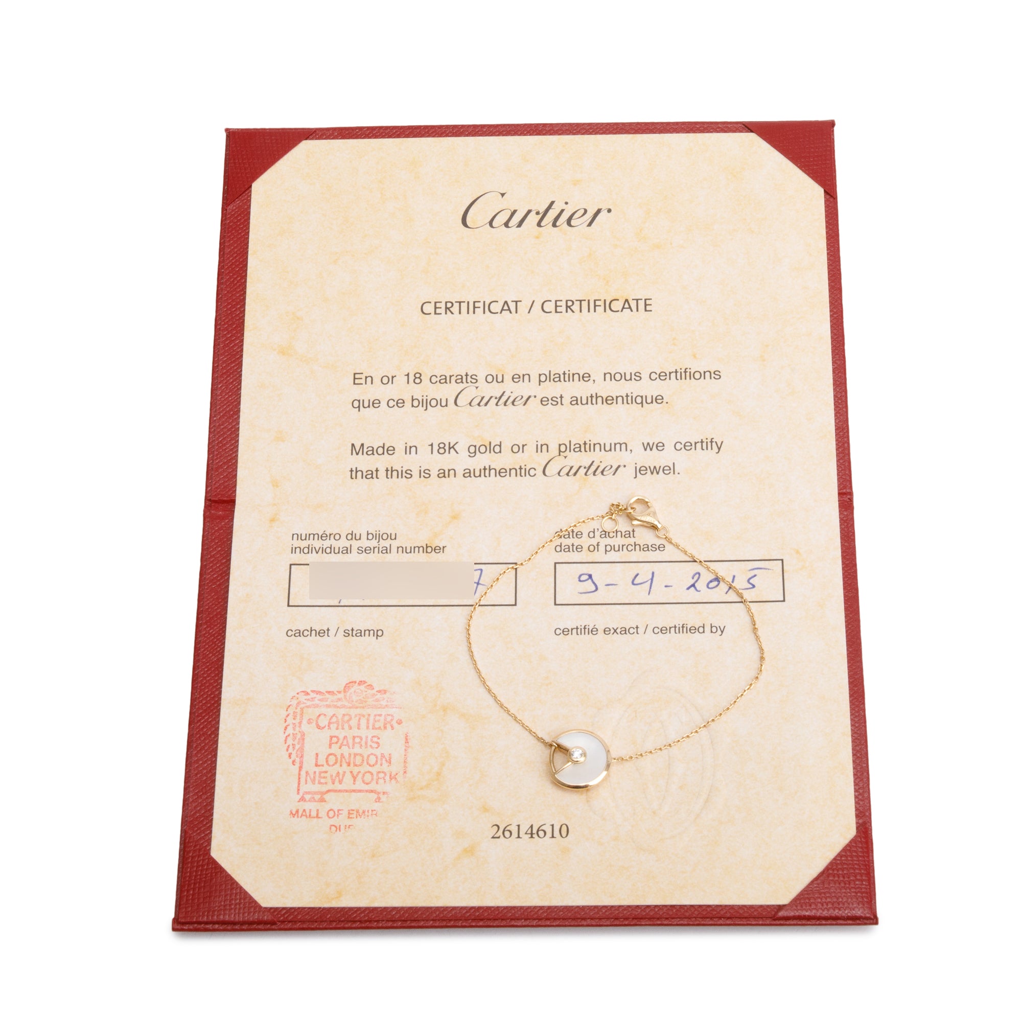 Cartier 18k Yellow Gold Mother of Pearl & Diamond Amulette de Cartier Bracelet, XS Model w/ Certificate