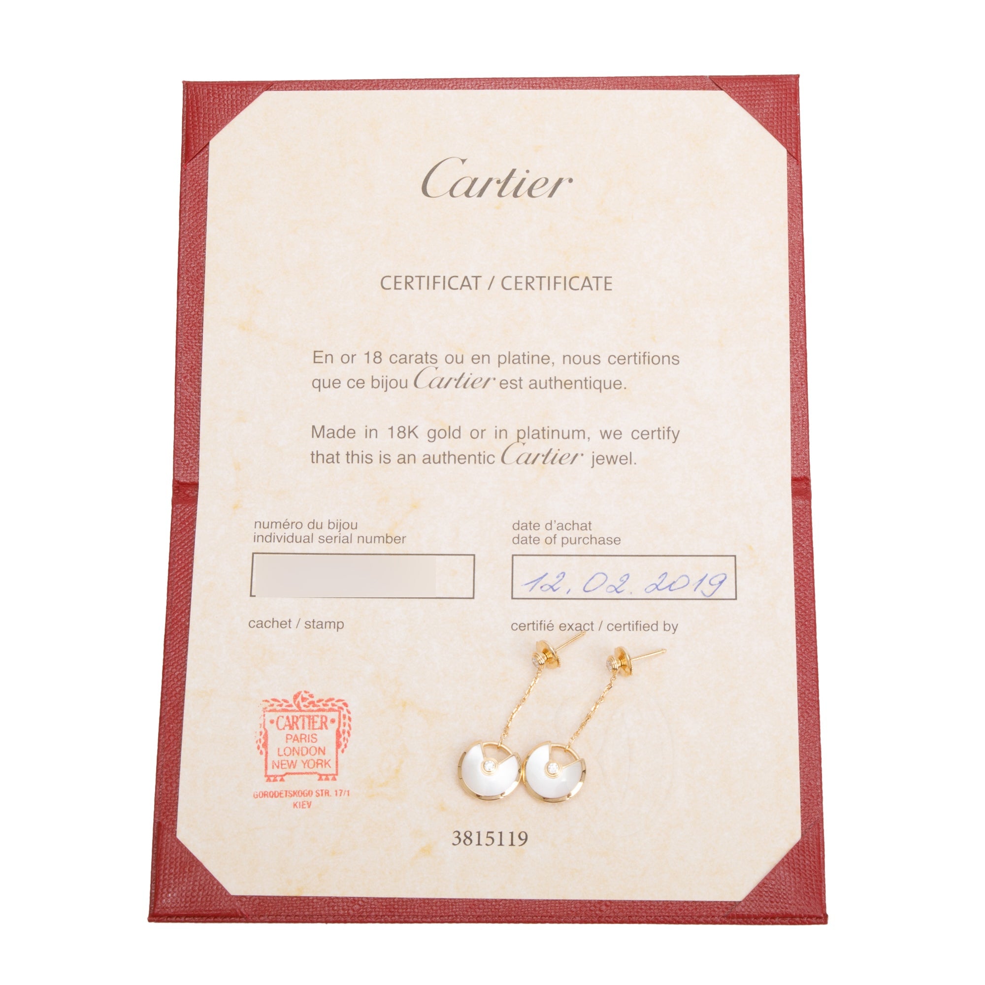 Cartier 18k Yellow Gold Mother of Pearl & Diamond Amulette de Cartier XS Drop Earrings w/ Certificate