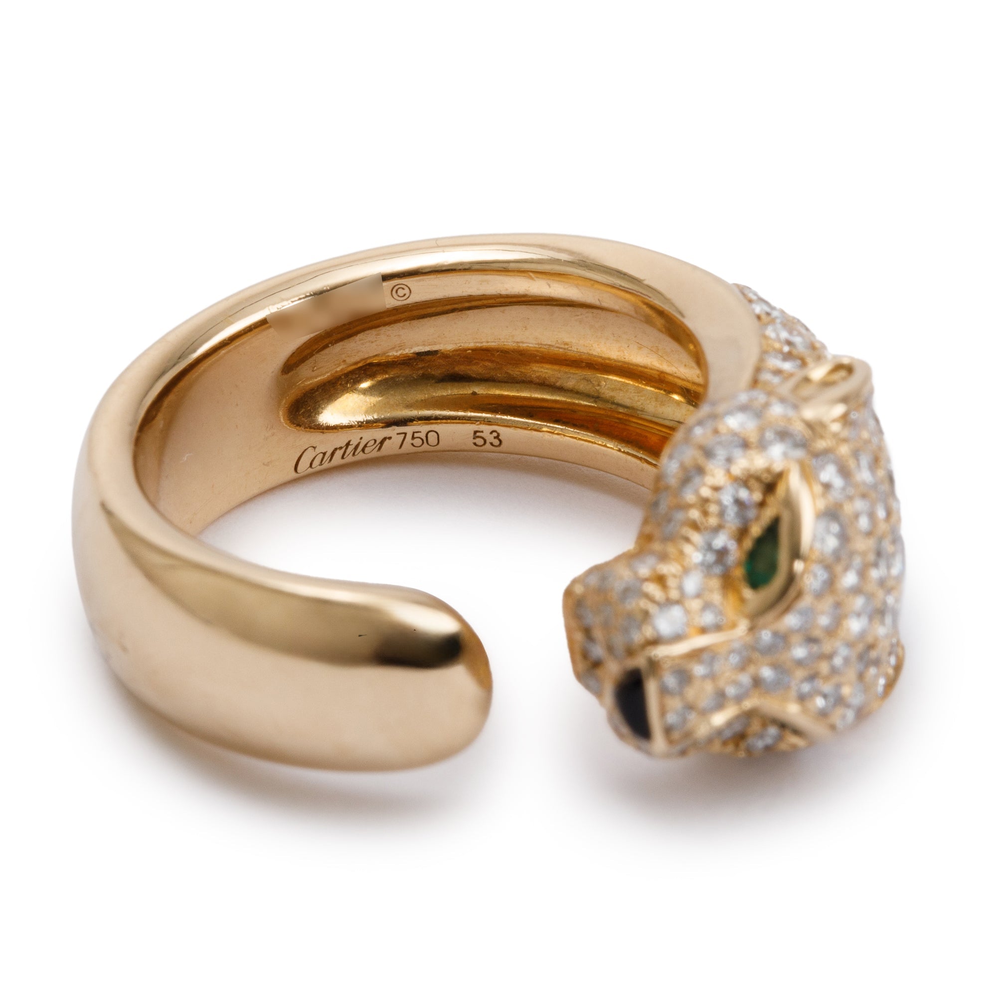 Cartier 18k Yellow Gold Pave Diamond, Onyx & Emearld Panthere de Cartier Ring, Size 53 6.5