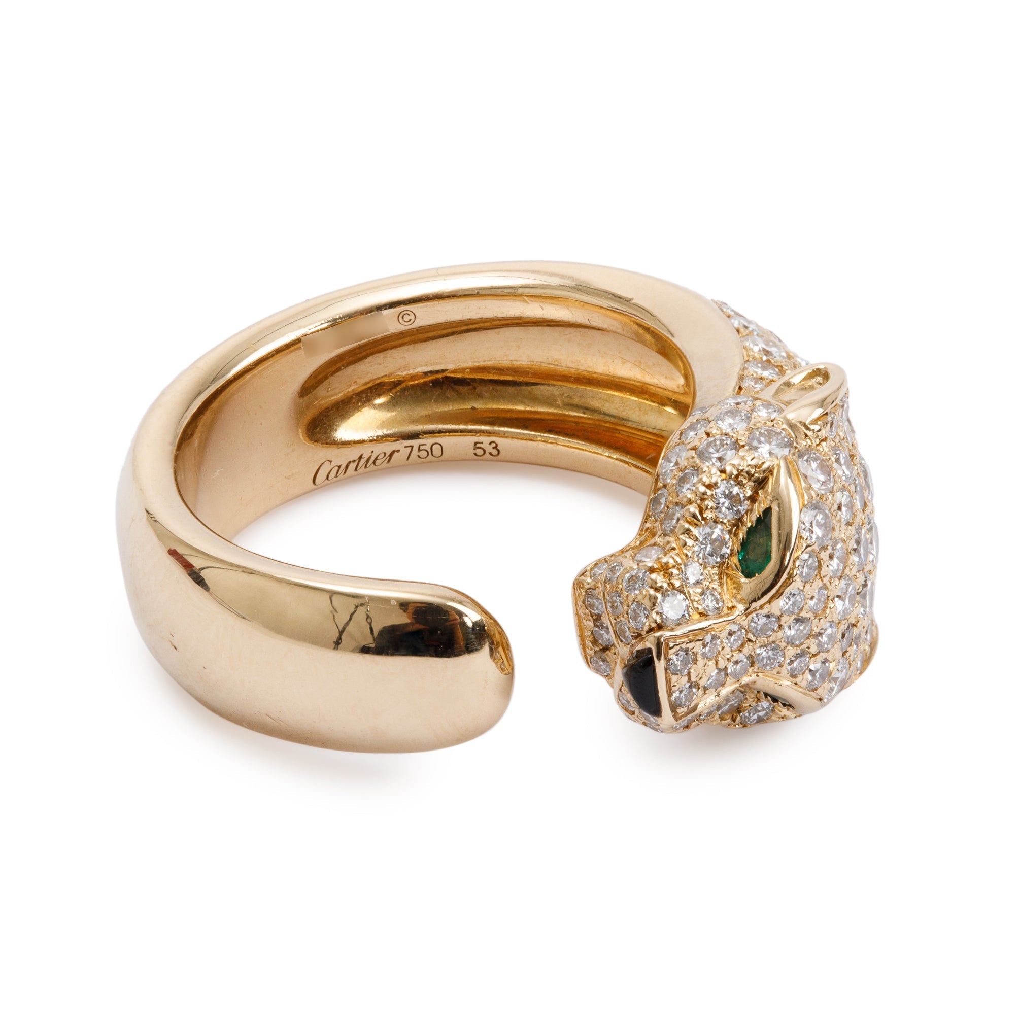 Cartier 18k Yellow Gold Pave Diamond, Onyx & Emearld Panthere de Cartier Ring, Size 53 6.5