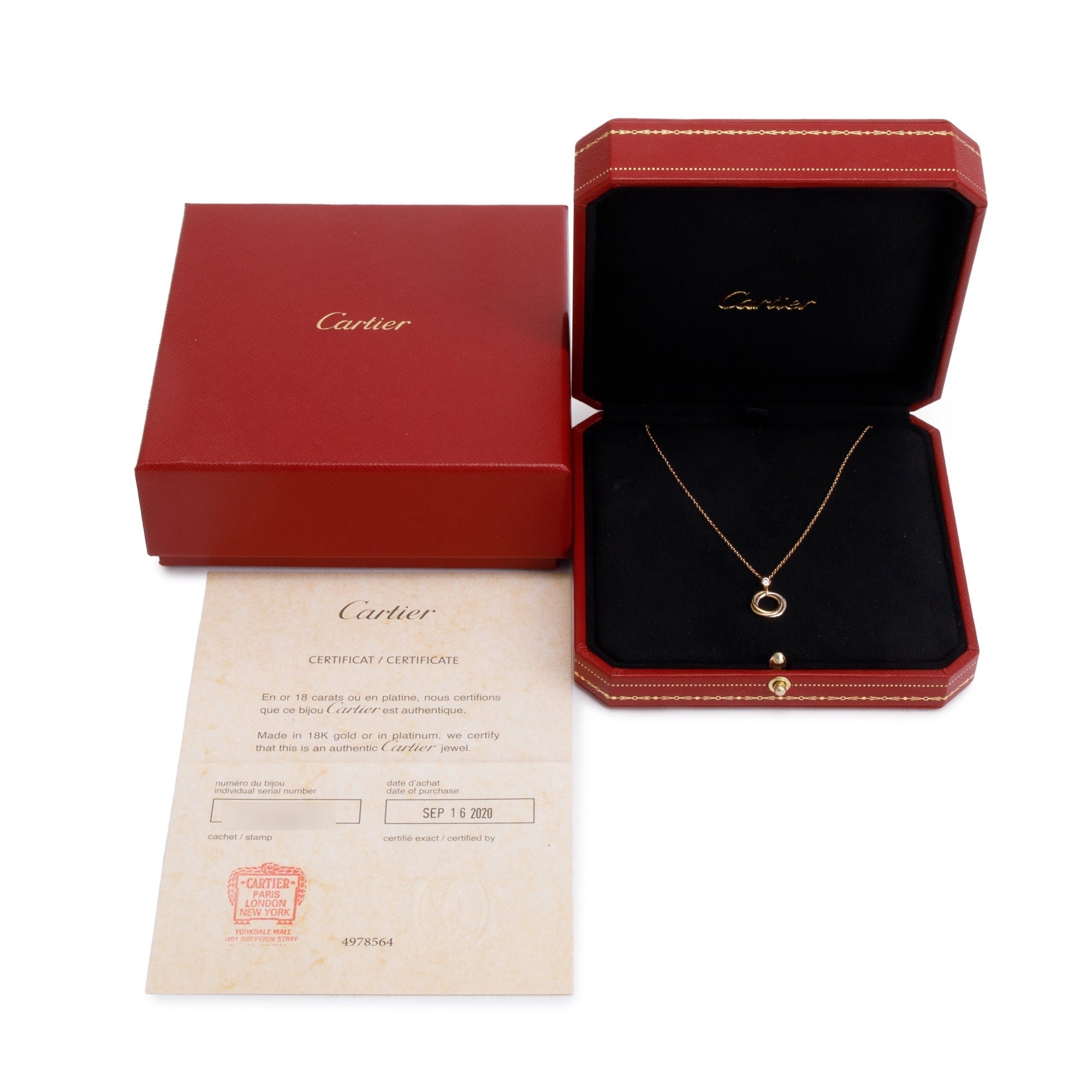 Cartier 18k Yellow, White & Rose Gold Diamond Trinity Pendant Necklace w/ Box, Receipt & Certificate