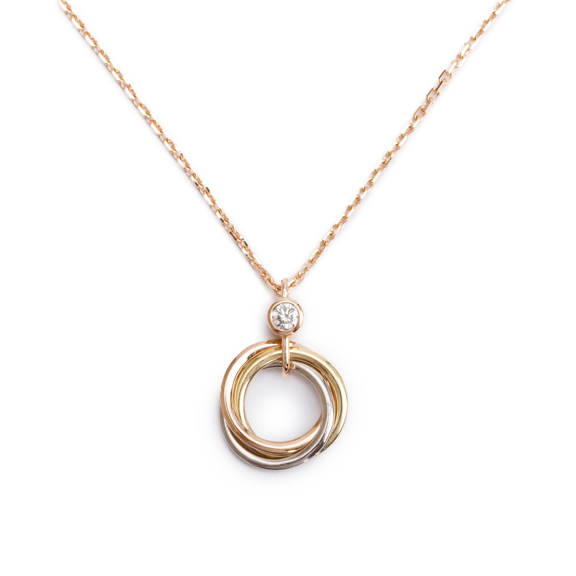 Cartier 18k Yellow, White & Rose Gold Diamond Trinity Pendant Necklace w/ Box, Receipt & Certificate
