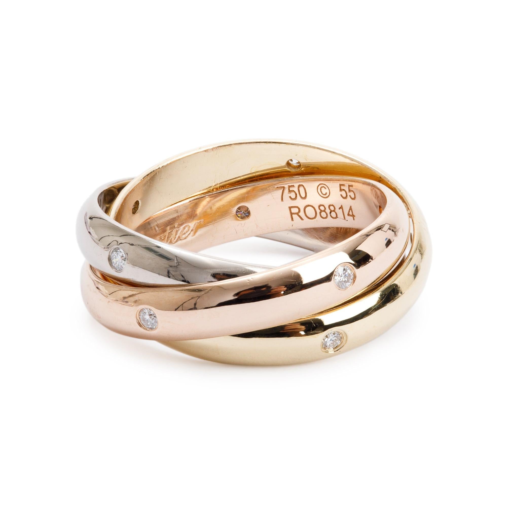 Cartier 18k Yellow, White & Rose Gold Diamond Trinity Rolling Ring, Size 55 7.75