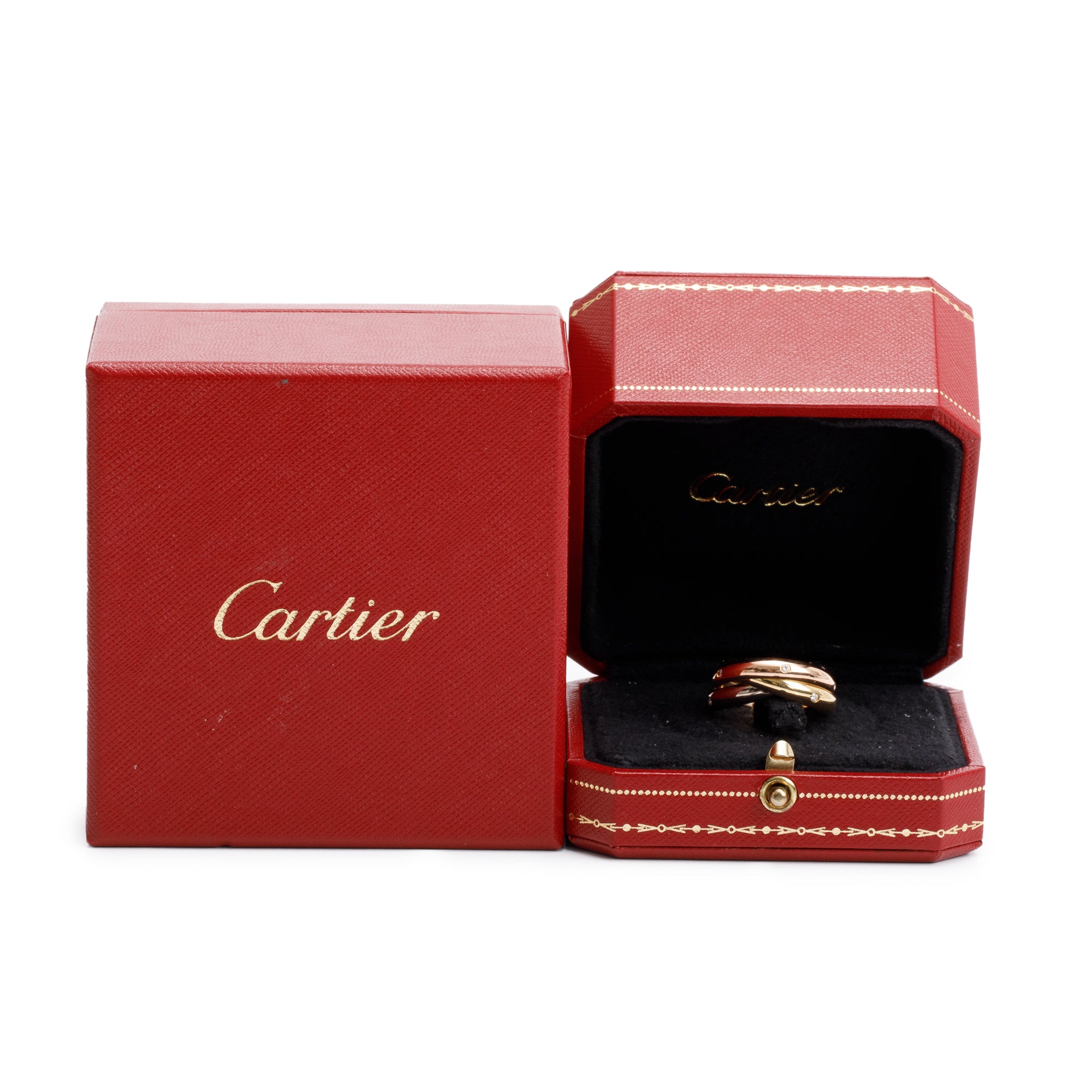 Cartier 18k Yellow, White & Rose Gold Diamond Trinity Rolling Ring, Size 57 8 w/ Box