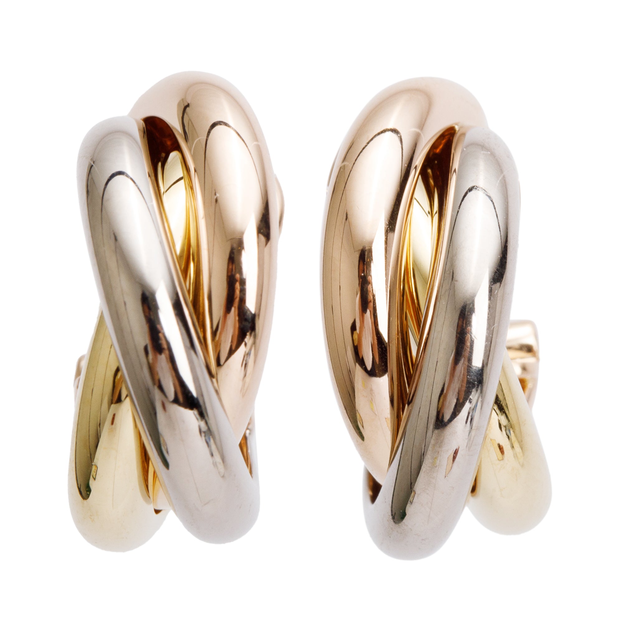 Cartier 18k Yellow, White & Rose Gold Trinity Hoop Earrings w/ Box & Certificate