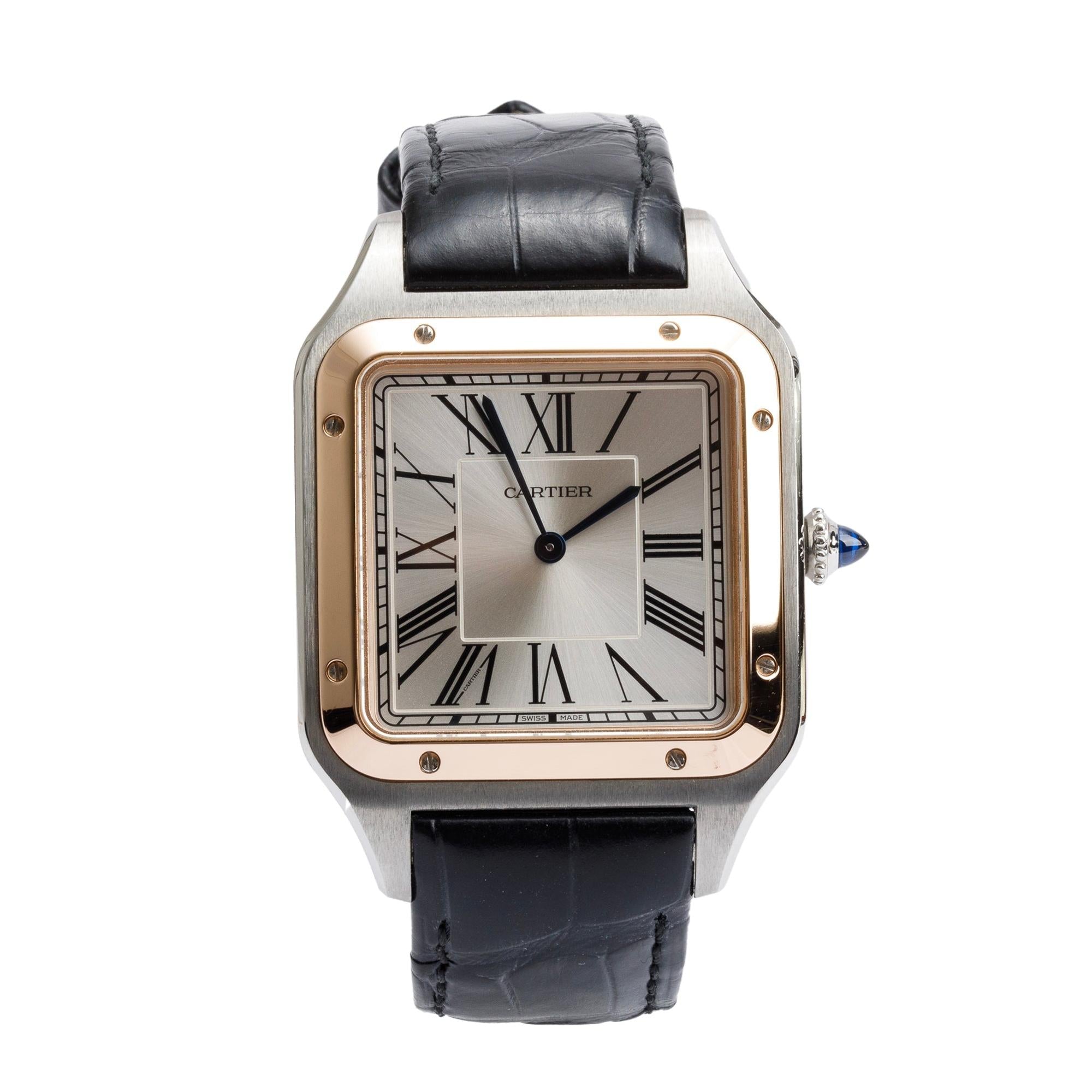 Cartier 2021 Stainless Steel & 18k Rose Gold Santos Dumont Watch, XL Model 4305 w/ Card