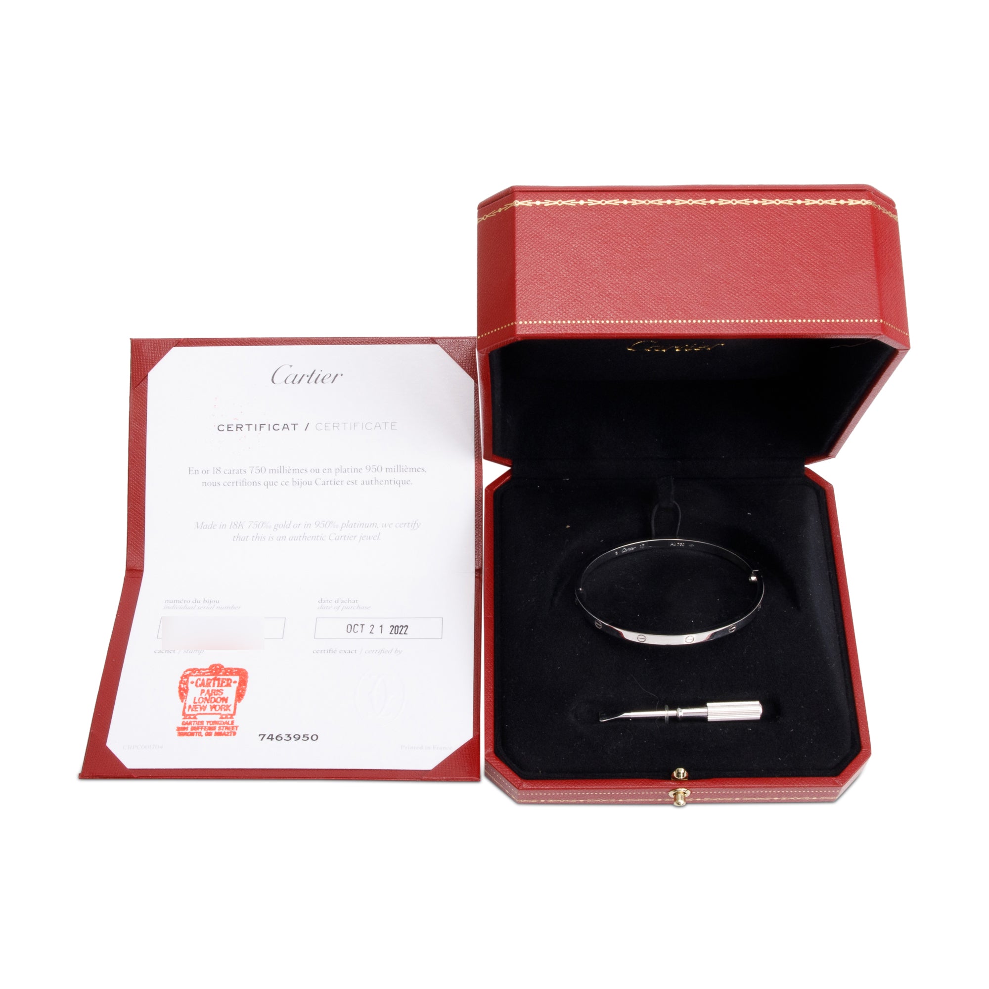 Cartier 2022 18k White Gold 3.65 MM Love Bracelet, Small Model, Size 17 w/ Box, Receipt & Certificate
