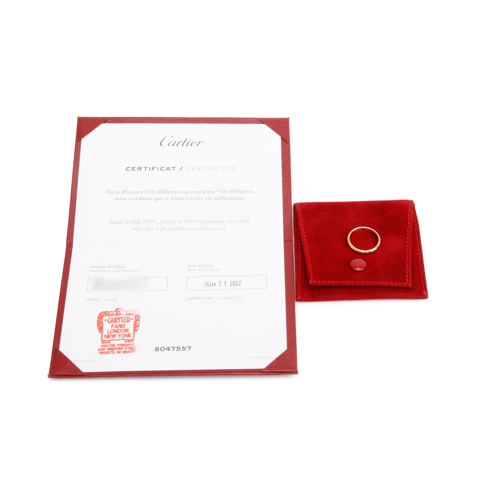Cartier 2022 18k Yellow Gold 2.5 MM 1895 Wedding Band Ring, Size 49 5 w/ Pouch, Certificate & Receipt