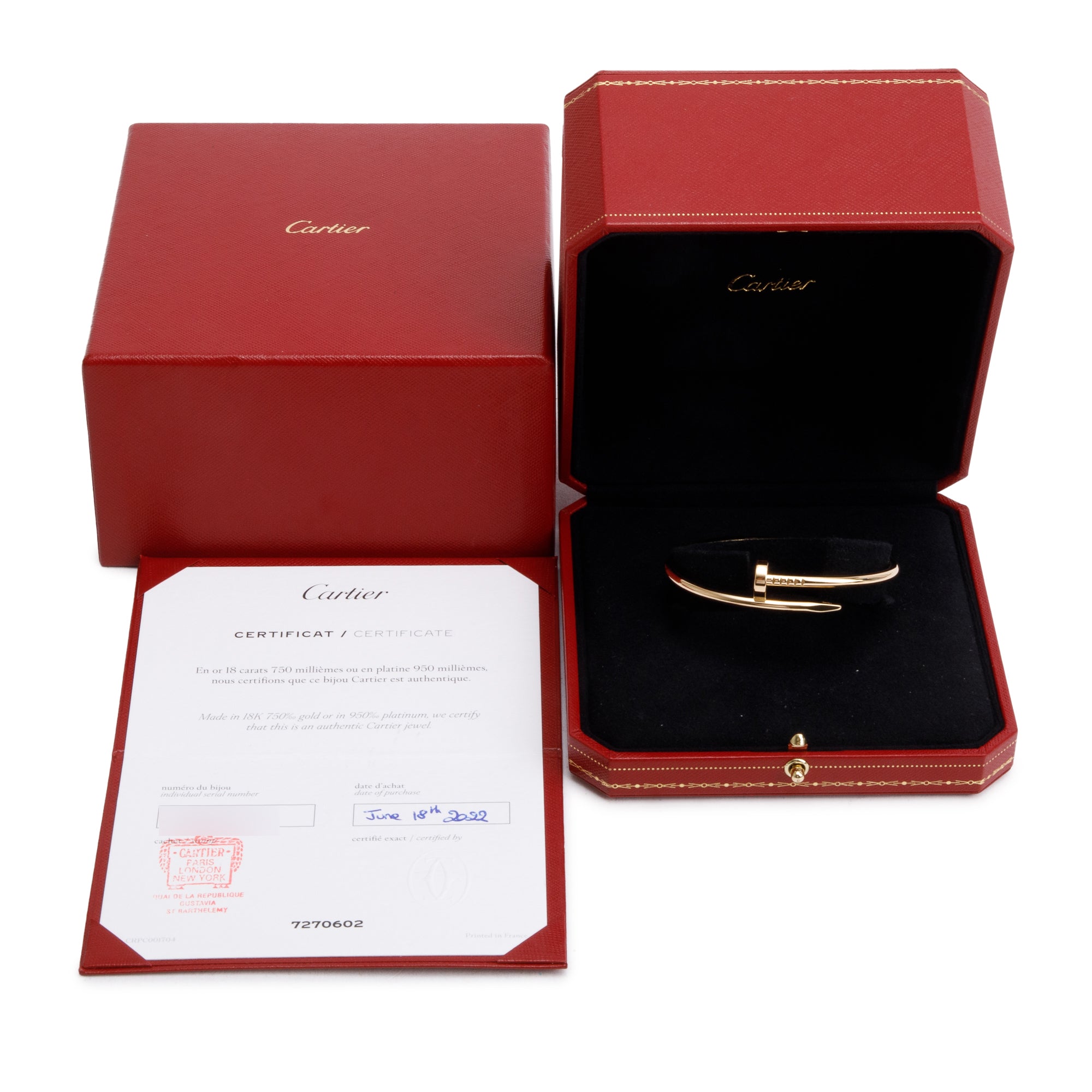 Cartier 2022 18k Yellow Gold Juste Un Clou Bracelet, Size 17 w/ Box & Certificate