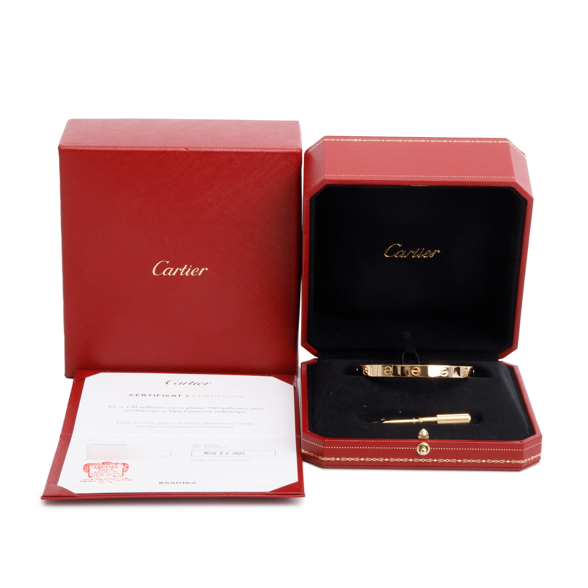 Cartier 2022 18k Yellow Gold Love Bracelet, Size 17 w/ Box, Receipt & Certificate