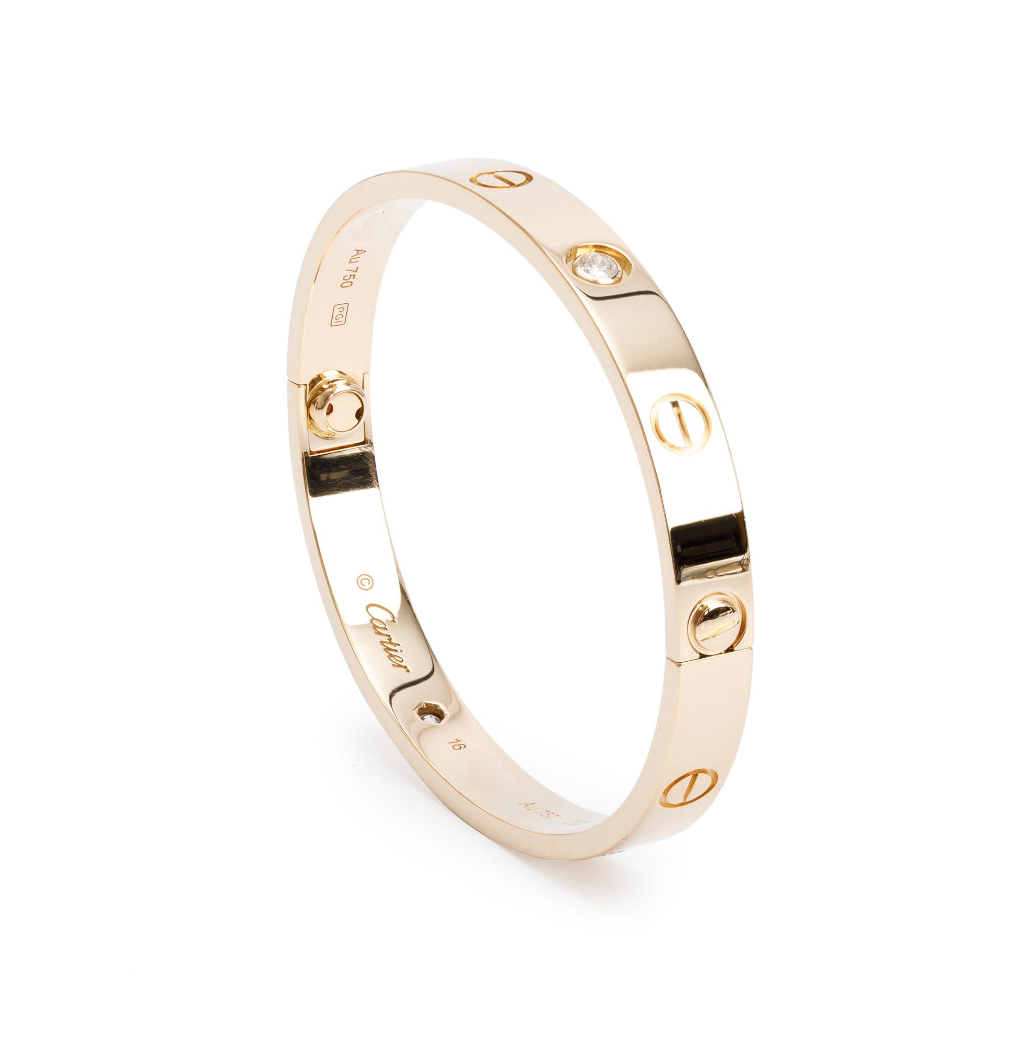 Cartier 2022 18k Yellow Gold Love Bracelet with 4 Diamonds, Size 16 w/ Box, Certificate & Receipt