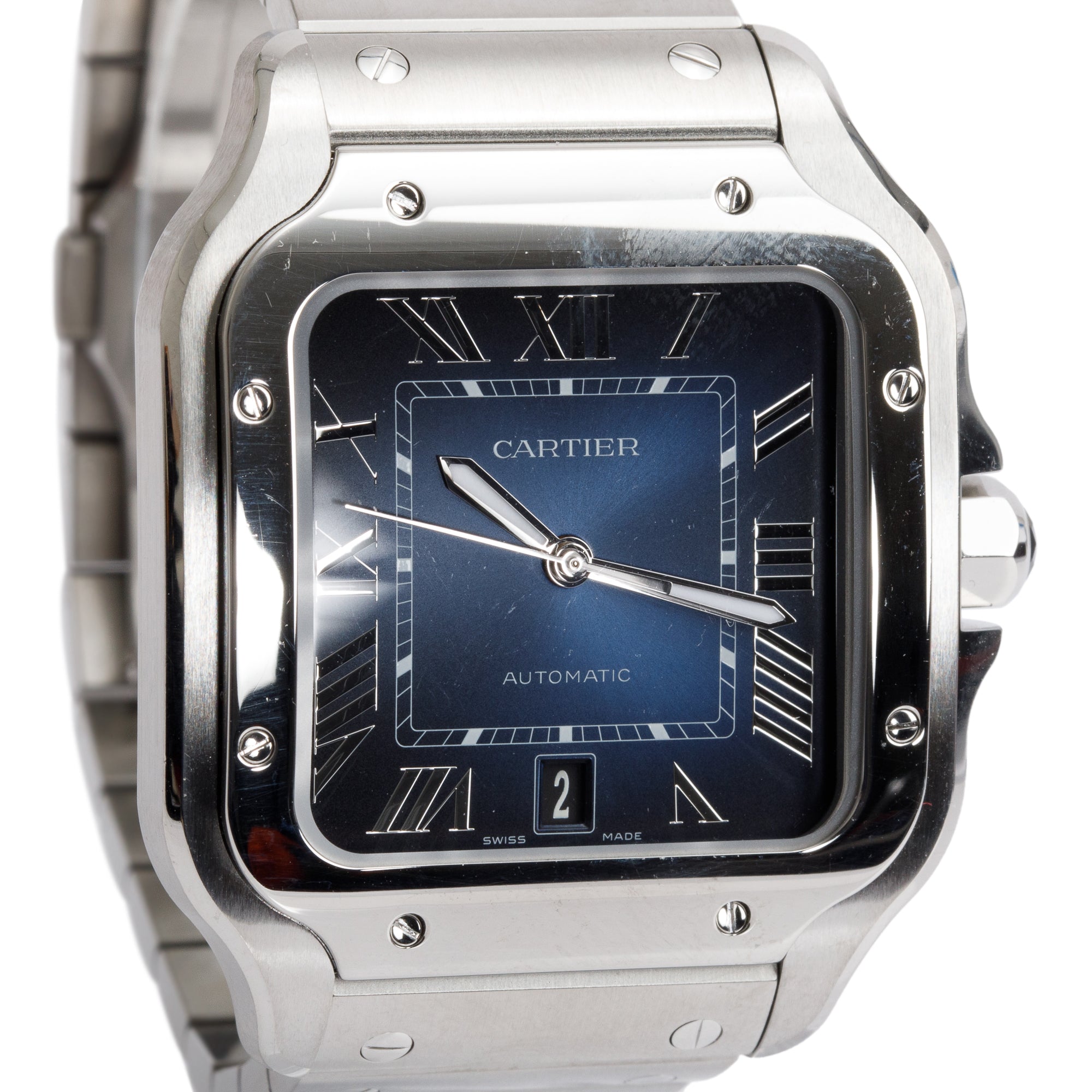 Cartier 2022 Stainless Steel Santos de Cartier Blue Dial Automatic Watch, Large Model 4072 w/ Box, Papers & Extra Strap