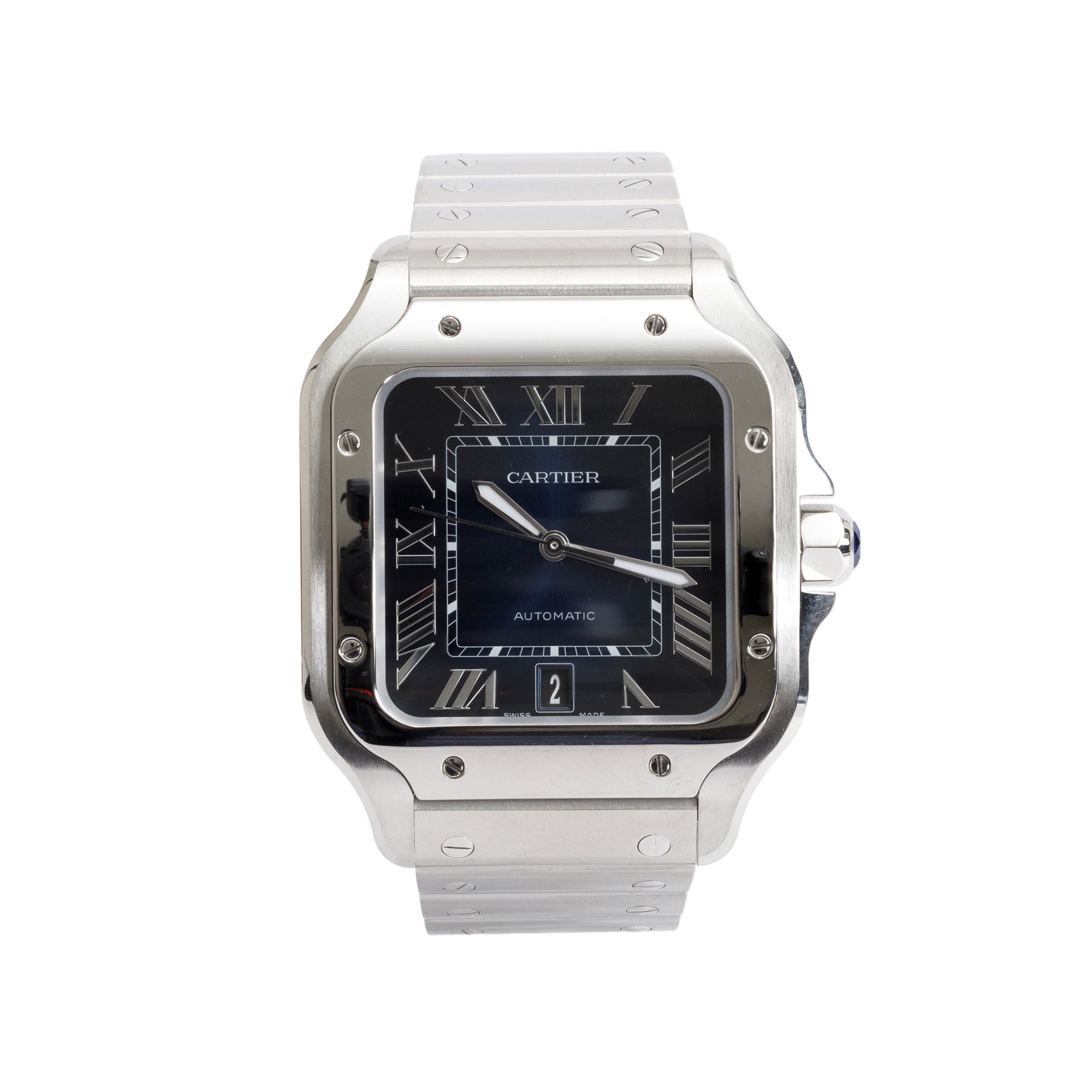 Cartier 2022 Stainless Steel Santos de Cartier Blue Dial Automatic Watch, Large Model 4072 w/ Box, Papers & Extra Strap