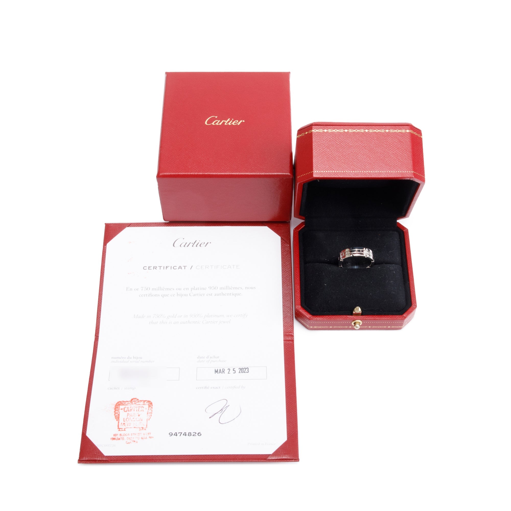 Cartier 2023 18k White Gold Tank Francaise Ring, Size 58 8.5 w/ Box, Receipt & Certificate