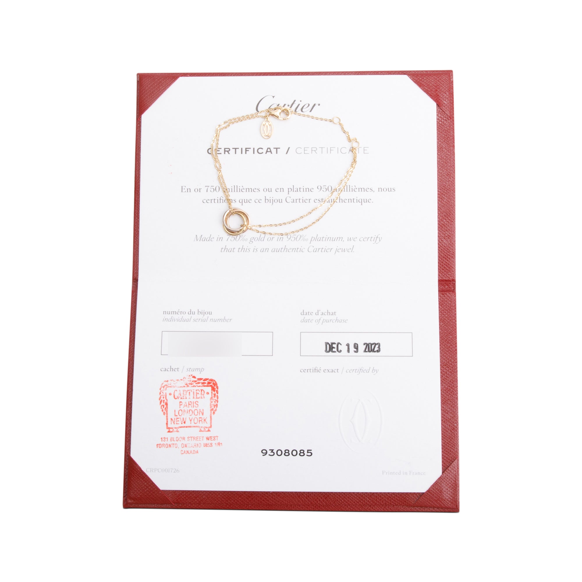 Cartier 2023 18k White, Yellow & Rose Gold Trinity Bracelet w/ Certificate