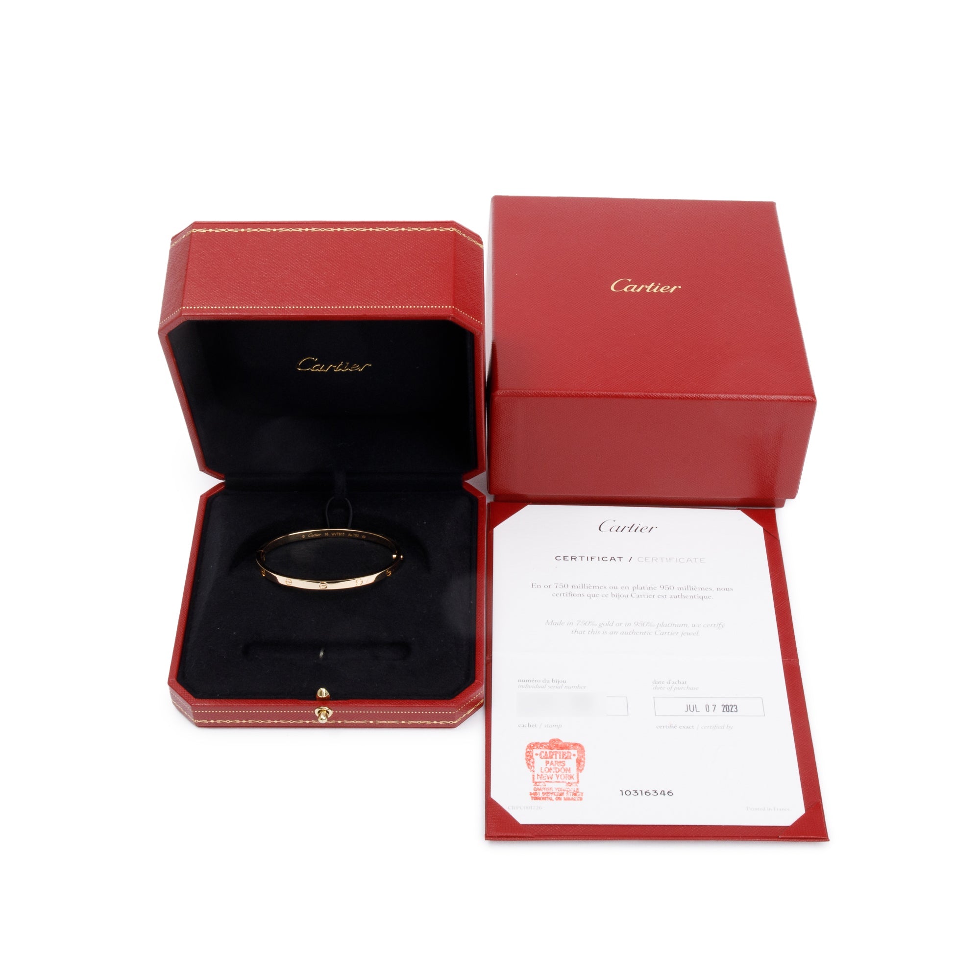 Cartier 2023 18k Yellow Gold 3.65 MM Love Bracelet, Small Model, Size 16 w/ Box, Receipt & Certificate