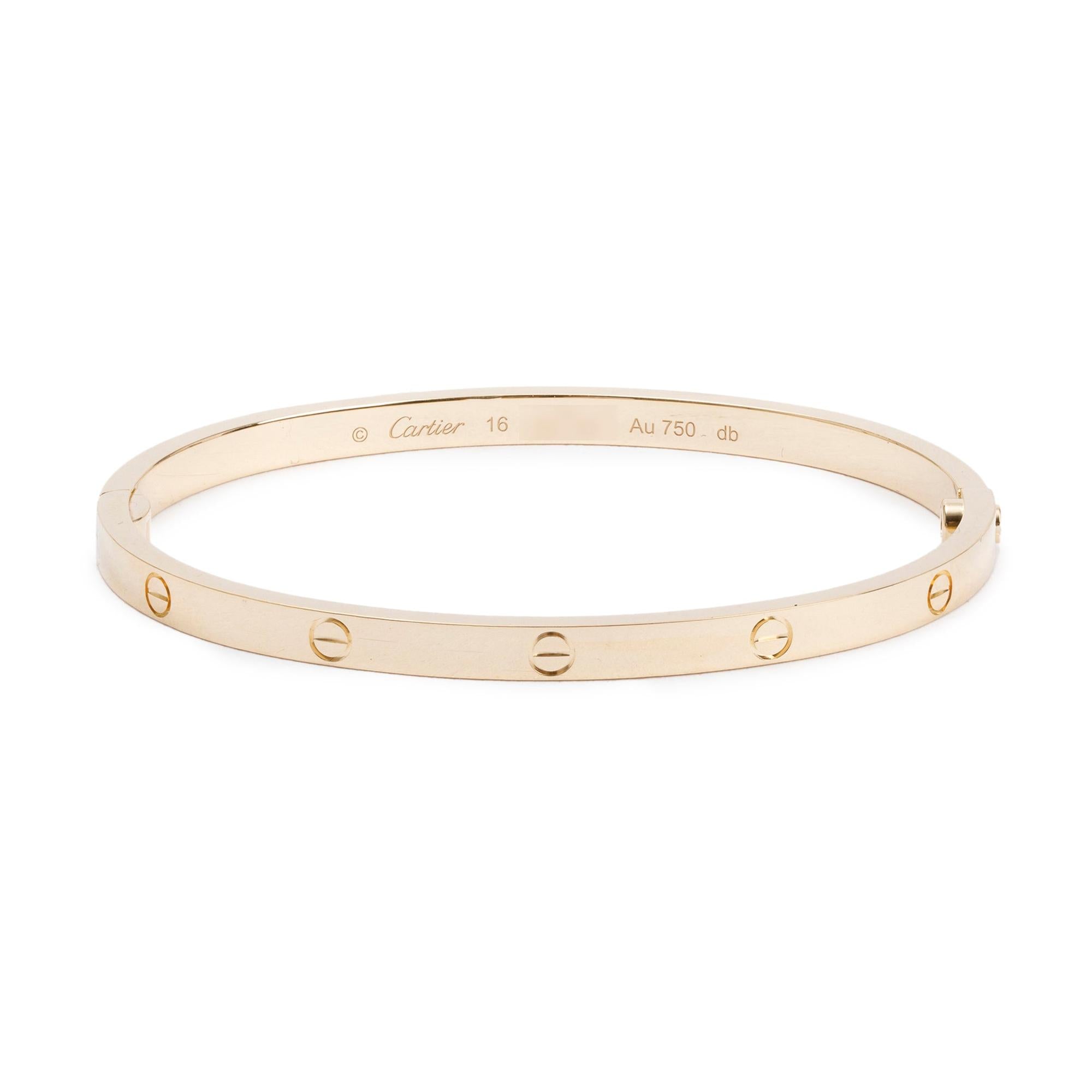 Cartier 2023 18k Yellow Gold 3.65 MM Love Bracelet, Small Model, Size 16 w/ Box, Receipt & Certificate