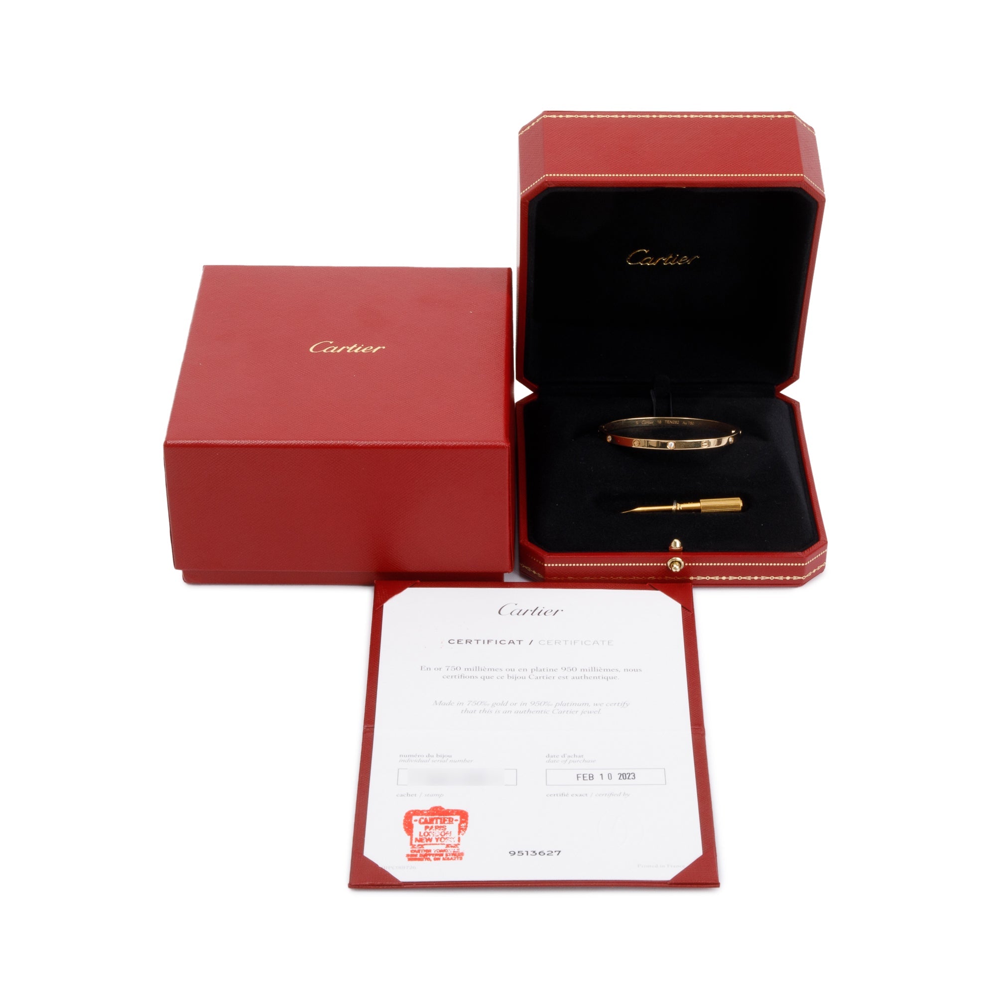 Cartier 2023 18k Yellow Gold 6 Diamond Love Bracelet, Small Model, Size 16 w/ Box, Receipt & Certificate