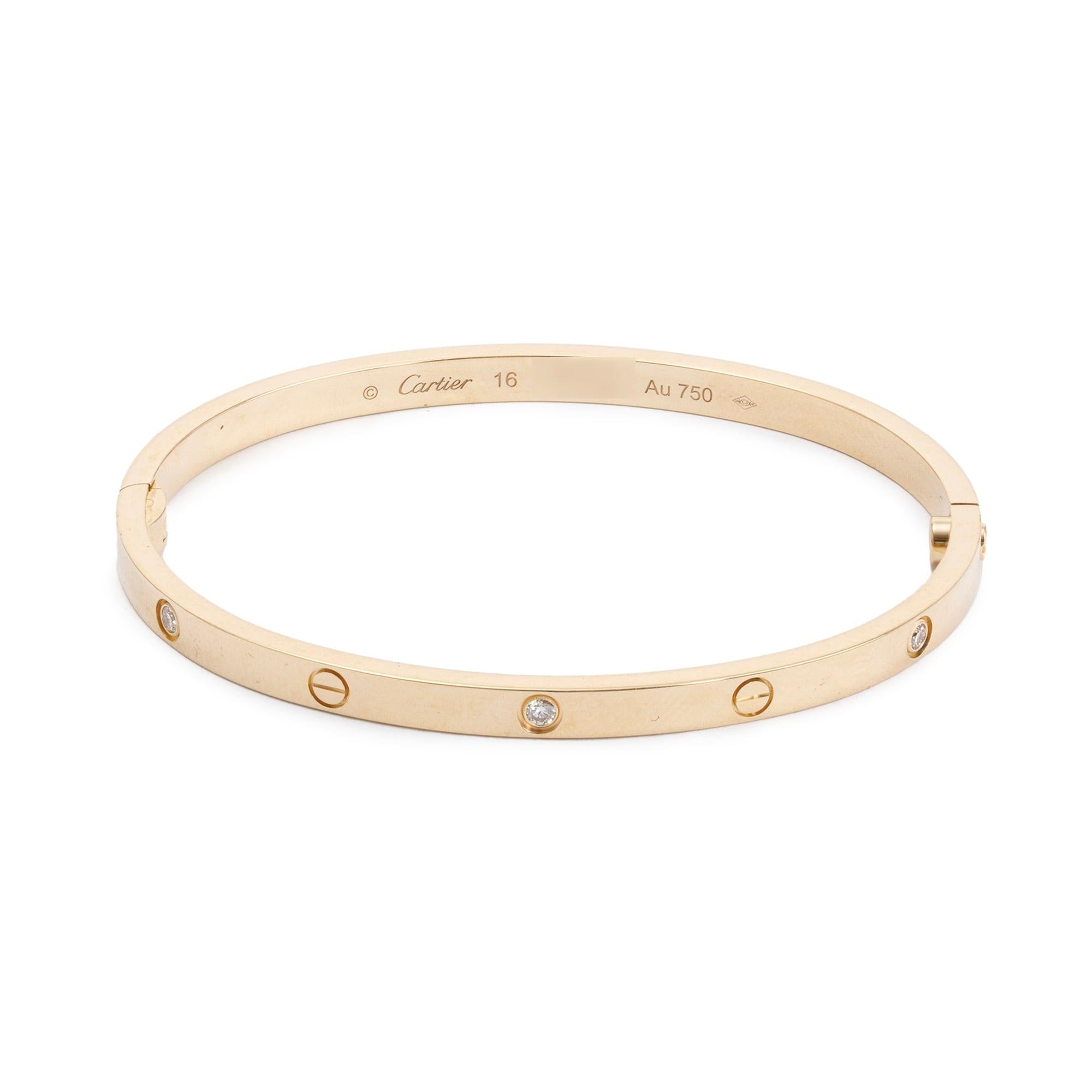 Cartier 2023 18k Yellow Gold 6 Diamond Love Bracelet, Small Model, Size 16 w/ Box, Receipt & Certificate
