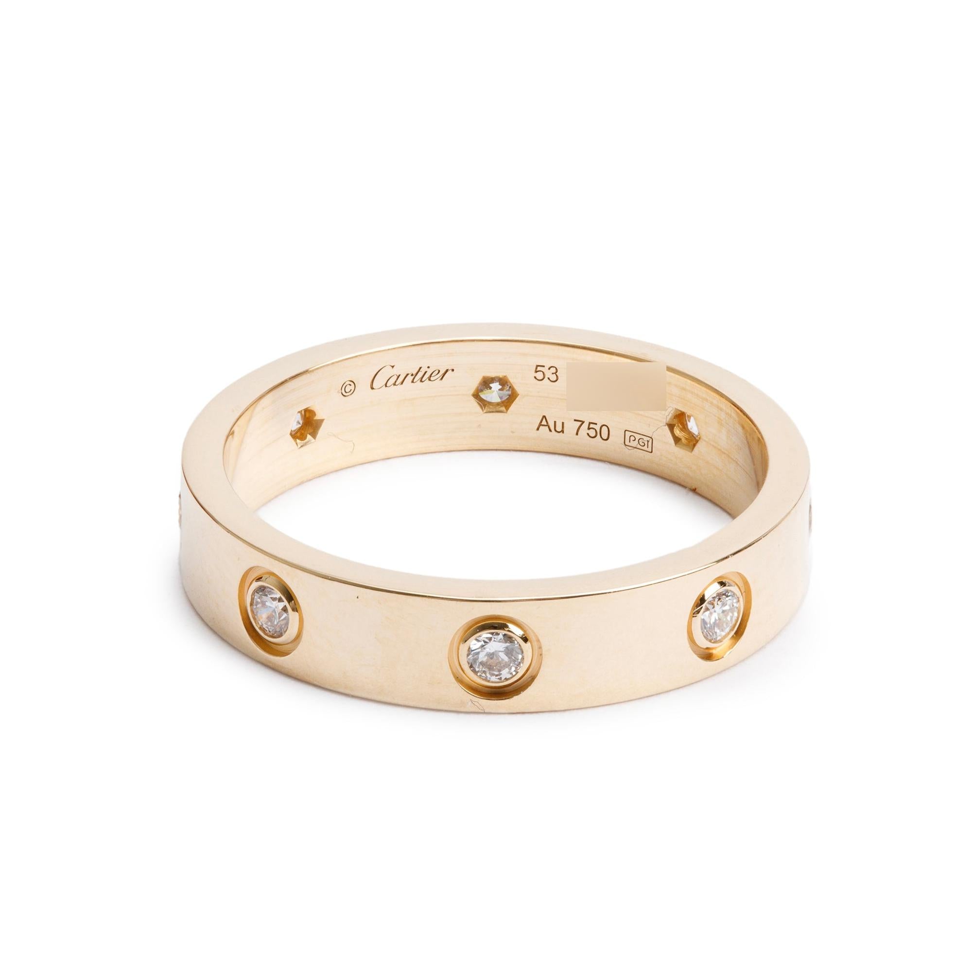 Cartier 2023 18k Yellow Gold 8 Diamond 4 mm Love Wedding Band Ring, Size 53 6.5 w/ Box, Receipt & Certificate