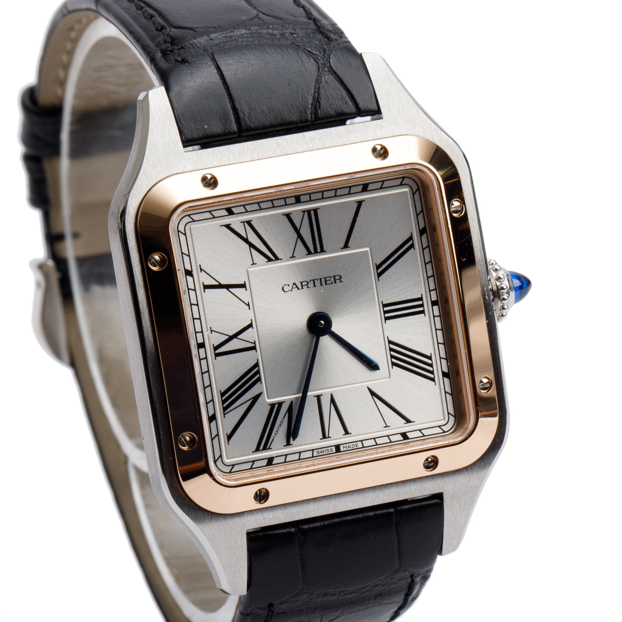 Cartier 2023 Stainless Steel & 18k Rose Gold Santos Dumont Watch, Large Model 4240 w/ Box & Papers