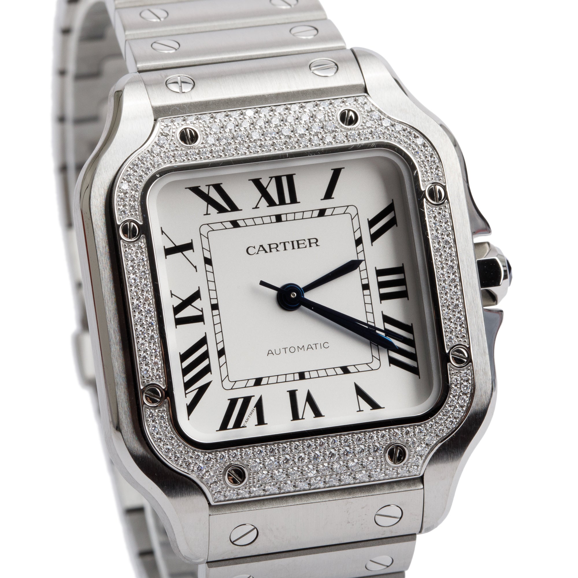 Cartier 2023 Stainless Steel Pave Diamond Bezel Santos de Cartier Automatic Watch, Medium Model 4075 w/ Box & Papers