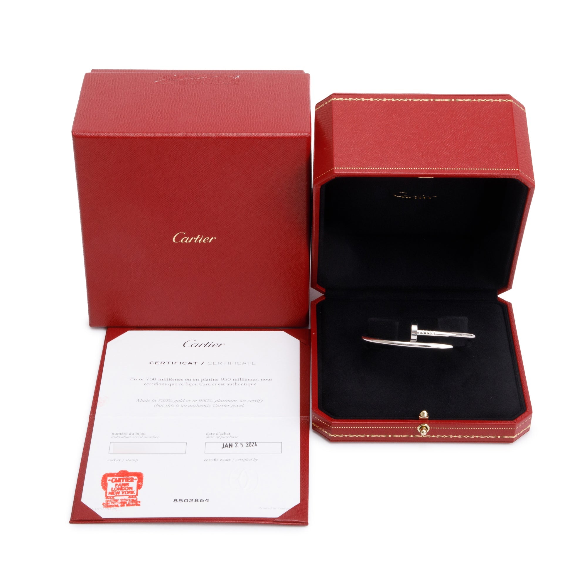 Cartier 2024 18k White Gold Juste Un Clou Bracelet, Size 17 w/ Box, Certificate & Receipt