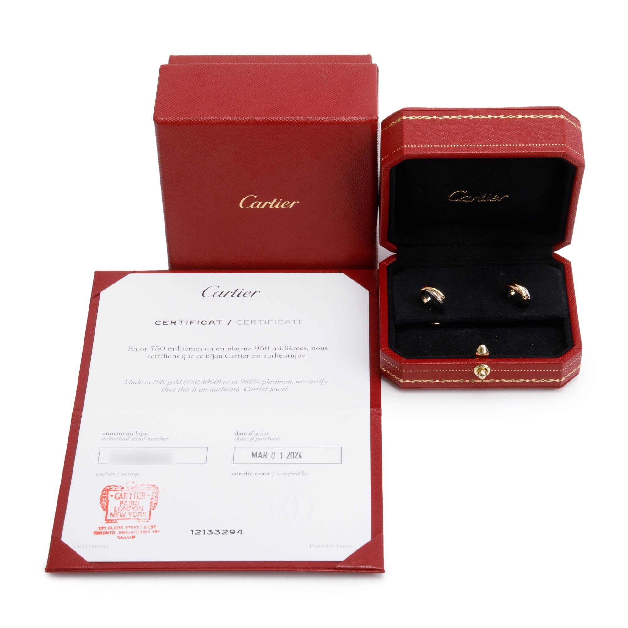 Cartier 2024 18k Yellow, White & Rose Gold Trinity Mini Hoop Earrings w/ Box & Certificate