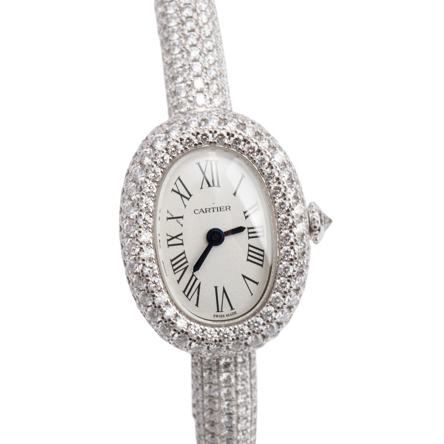 Cartier 2025 18k White Gold Paved Diamond Baignoire Quartz Watch, Mini Model 4545 w/ Box & Papers