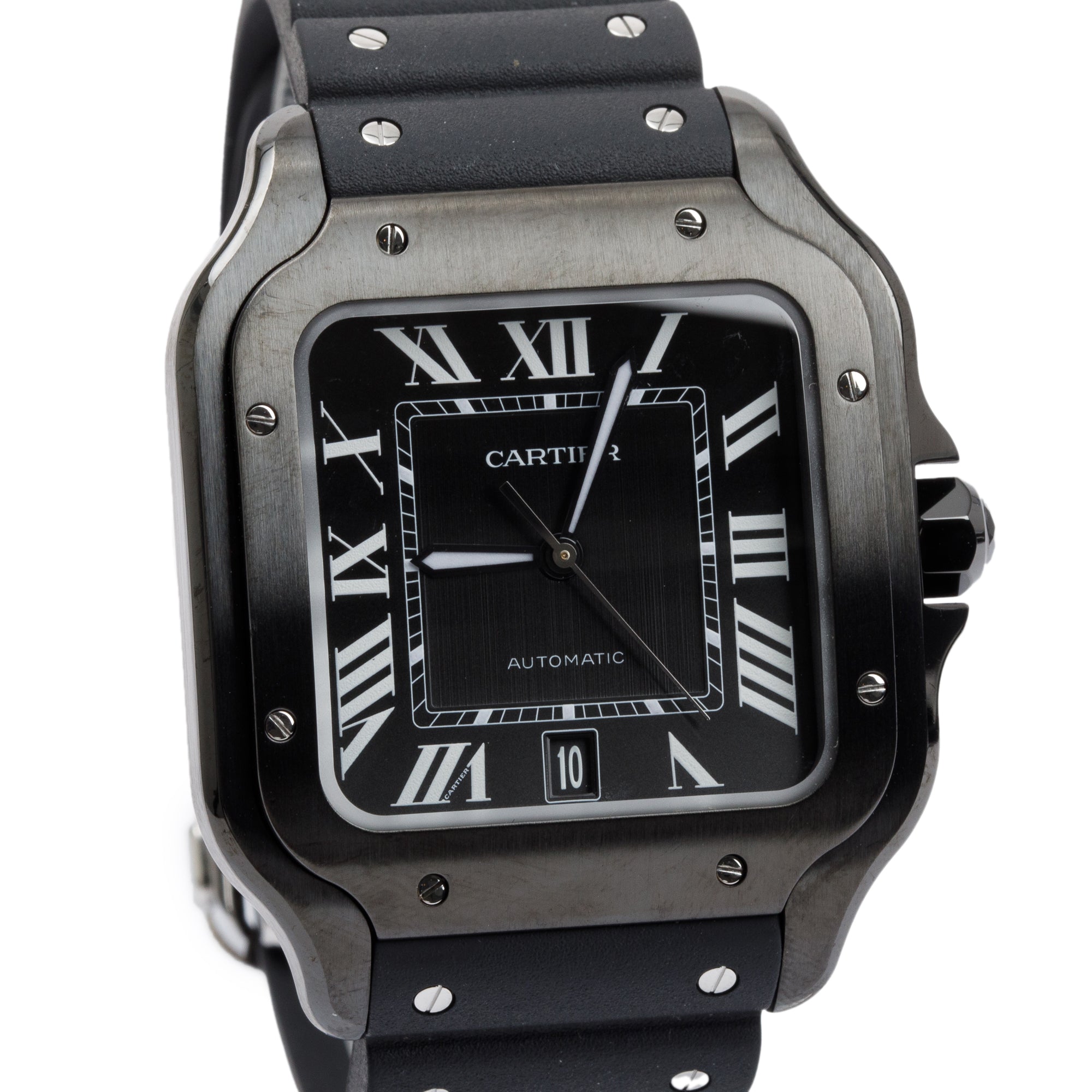 Cartier Black ADLC Stainless Steel Santos de Cartier Automatic Watch, Large Model w/ Box, Papers, Extra Strap