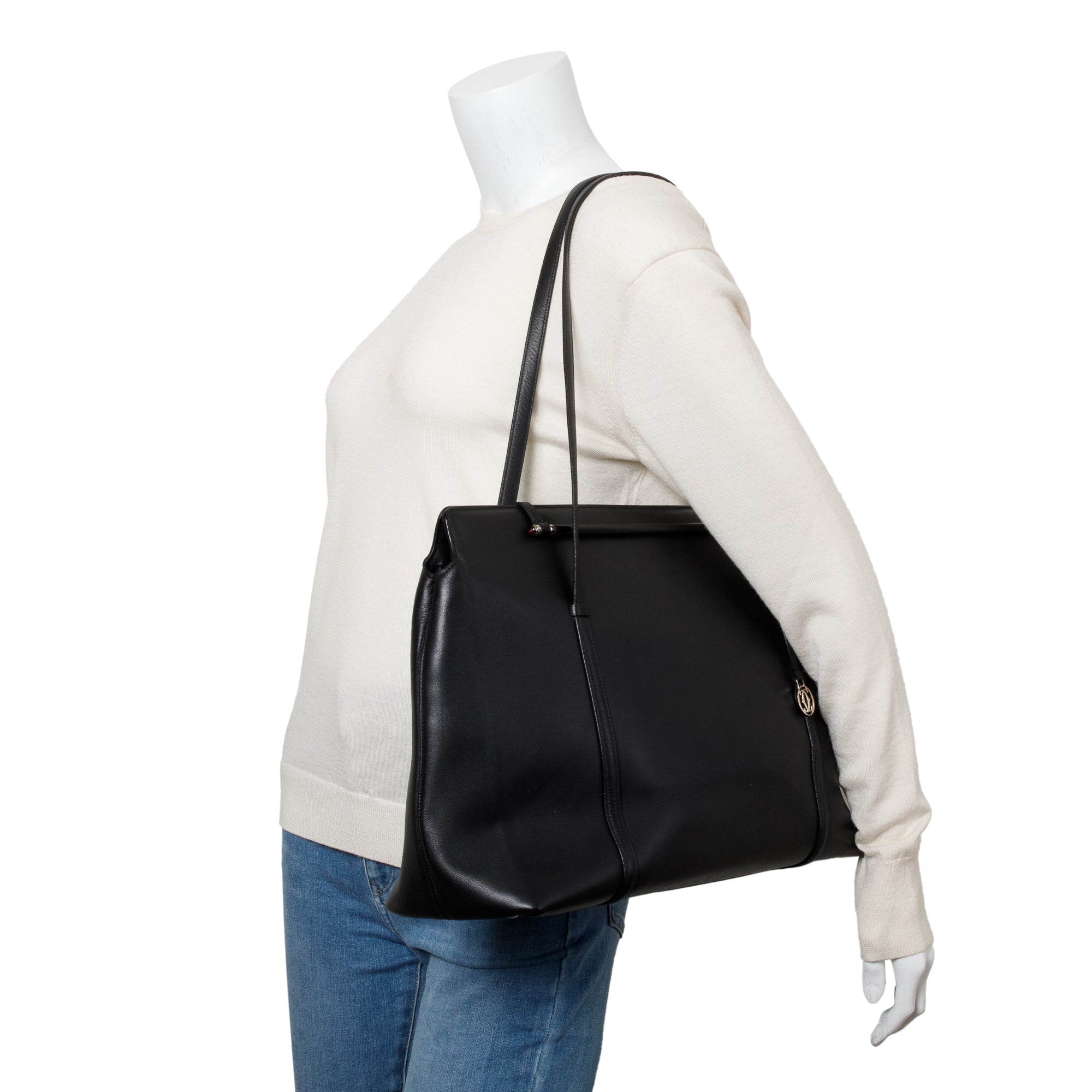 Cartier Black Calfskin Leather Cabochon Travel Tote Bag w/ Authenticity Card